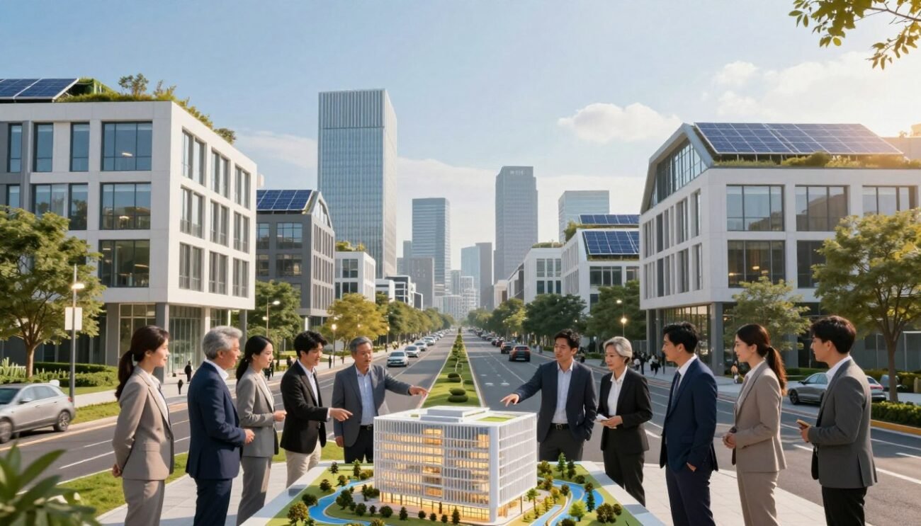 A modern urban landscape showcasing energy-efficient buildings, each uniquely designed with green roofs, solar panels, and large windows that invite natural light. In the foreground, a diverse group of professionals in business attire collaborates, pointing towards an architectural model of a sustainable building. The middle ground features a street lined with trees and energy-efficient lighting, while the background showcases a skyline of eco-friendly skyscrapers under a clear blue sky. The scene is illuminated by warm, soft sunlight, creating a bright and optimistic atmosphere, symbolizing a commitment to reducing energy consumption. The perspective captures the dynamics of innovation and community effort, highlighting a forward-thinking environment without any text or watermarks. A modern urban landscape showcasing energy-efficient buildings, each uniquely designed with green roofs, solar panels, and large windows that invite natural light. In the foreground, a diverse group of professionals in business attire collaborates, pointing towards an architectural model of a sustainable building. The middle ground features a street lined with trees and energy-efficient lighting, while the background showcases a skyline of eco-friendly skyscrapers under a clear blue sky. The scene is illuminated by warm, soft sunlight, creating a bright and optimistic atmosphere, symbolizing a commitment to reducing energy consumption. The perspective captures the dynamics of innovation and community effort, highlighting a forward-thinking environment without any text or watermarks.