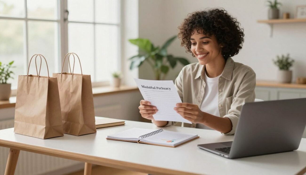 A modern workspace showcasing tools and strategies for successful mindful shopping. In the foreground, a stylish desk is adorned with a minimalist planner, eco-friendly shopping bags, and a laptop displaying budget graphs. The middle ground features a cheerful individual in smart casual attire, analyzing a checklist of mindful purchasing habits. In the background, large windows allow warm natural light to flood the space, creating an inviting atmosphere. A calming indoor plant adds a touch of nature, while soft, neutral colors promote a serene ambiance. The overall mood is one of focus and determination, reflecting a journey towards financial awareness and mindful consumerism. A modern workspace showcasing tools and strategies for successful mindful shopping. In the foreground, a stylish desk is adorned with a minimalist planner, eco-friendly shopping bags, and a laptop displaying budget graphs. The middle ground features a cheerful individual in smart casual attire, analyzing a checklist of mindful purchasing habits. In the background, large windows allow warm natural light to flood the space, creating an inviting atmosphere. A calming indoor plant adds a touch of nature, while soft, neutral colors promote a serene ambiance. The overall mood is one of focus and determination, reflecting a journey towards financial awareness and mindful consumerism.