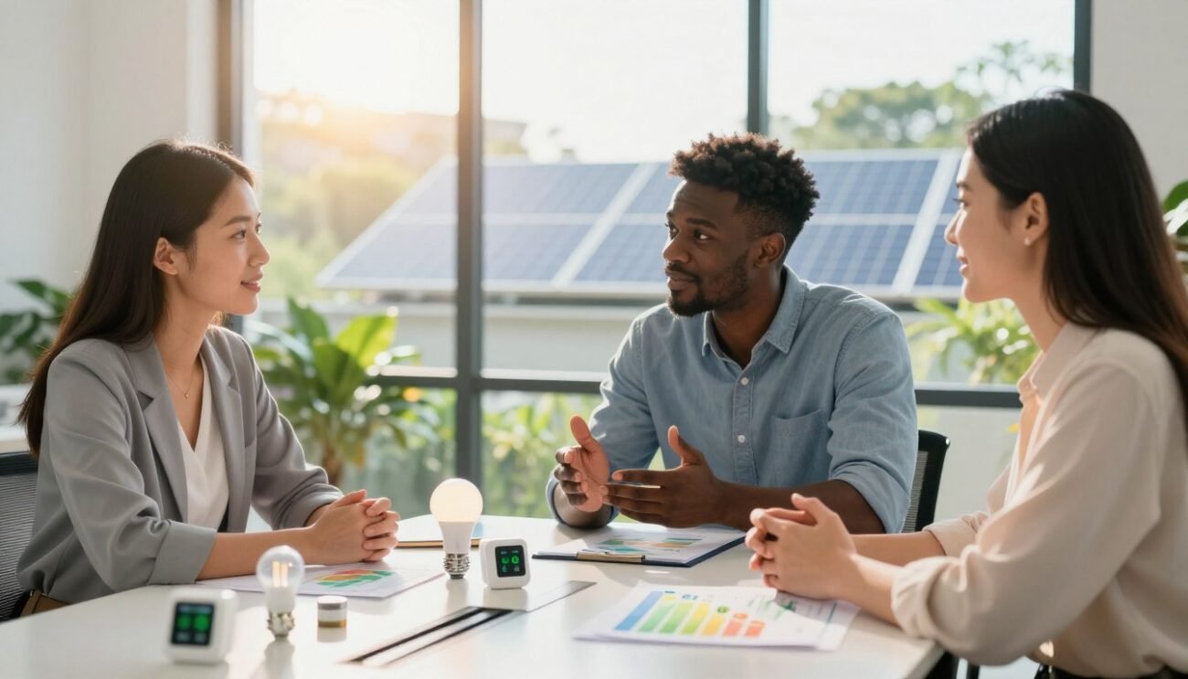 A professional setting that illustrates energy-saving strategies. In the foreground, a diverse group of three individuals—one Asian woman, one Black man, and one Caucasian woman—are engaged in a lively discussion around a sleek conference table filled with charts and eco-friendly products, such as LED bulbs and smart thermostats. In the middle ground, a large window reveals a bright, sunny day outside, with greenery and solar panels visible in the background. The lighting is warm and inviting, creating a positive atmosphere. The scene captures focus and teamwork, emphasizing collaboration for energy efficiency. The overall mood is optimistic and proactive, encouraging viewers to embrace sustainable practices. A professional setting that illustrates energy-saving strategies. In the foreground, a diverse group of three individuals—one Asian woman, one Black man, and one Caucasian woman—are engaged in a lively discussion around a sleek conference table filled with charts and eco-friendly products, such as LED bulbs and smart thermostats. In the middle ground, a large window reveals a bright, sunny day outside, with greenery and solar panels visible in the background. The lighting is warm and inviting, creating a positive atmosphere. The scene captures focus and teamwork, emphasizing collaboration for energy efficiency. The overall mood is optimistic and proactive, encouraging viewers to embrace sustainable practices.