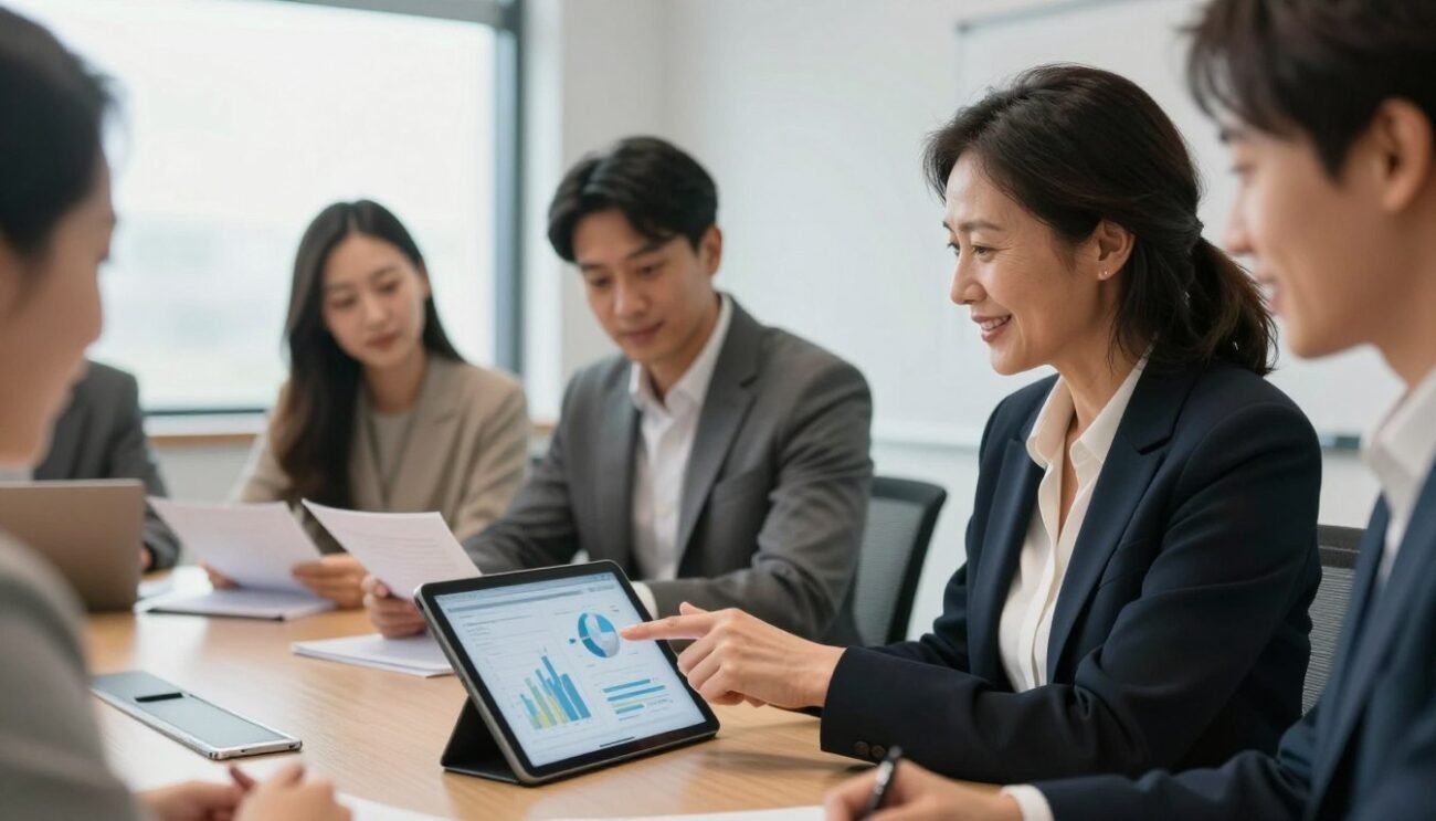 A professional training session on international partnerships, depicting a diverse group of business professionals engaged in discussion and collaboration. In the foreground, a middle-aged woman in smart business attire points to a digital tablet, showing graphs and data. In the middle ground, a young man in a blazer and a woman in a tailored dress are analyzing documents together, showcasing teamwork. The background includes a sleek conference room with a large window allowing soft natural light to illuminate the space, creating a warm and inviting atmosphere. The scene should emphasize engagement and collaboration, with individuals smiling and sharing ideas. Focus on a balanced composition that captures the essence of international cooperation in training contexts. A professional training session on international partnerships, depicting a diverse group of business professionals engaged in discussion and collaboration. In the foreground, a middle-aged woman in smart business attire points to a digital tablet, showing graphs and data. In the middle ground, a young man in a blazer and a woman in a tailored dress are analyzing documents together, showcasing teamwork. The background includes a sleek conference room with a large window allowing soft natural light to illuminate the space, creating a warm and inviting atmosphere. The scene should emphasize engagement and collaboration, with individuals smiling and sharing ideas. Focus on a balanced composition that captures the essence of international cooperation in training contexts.