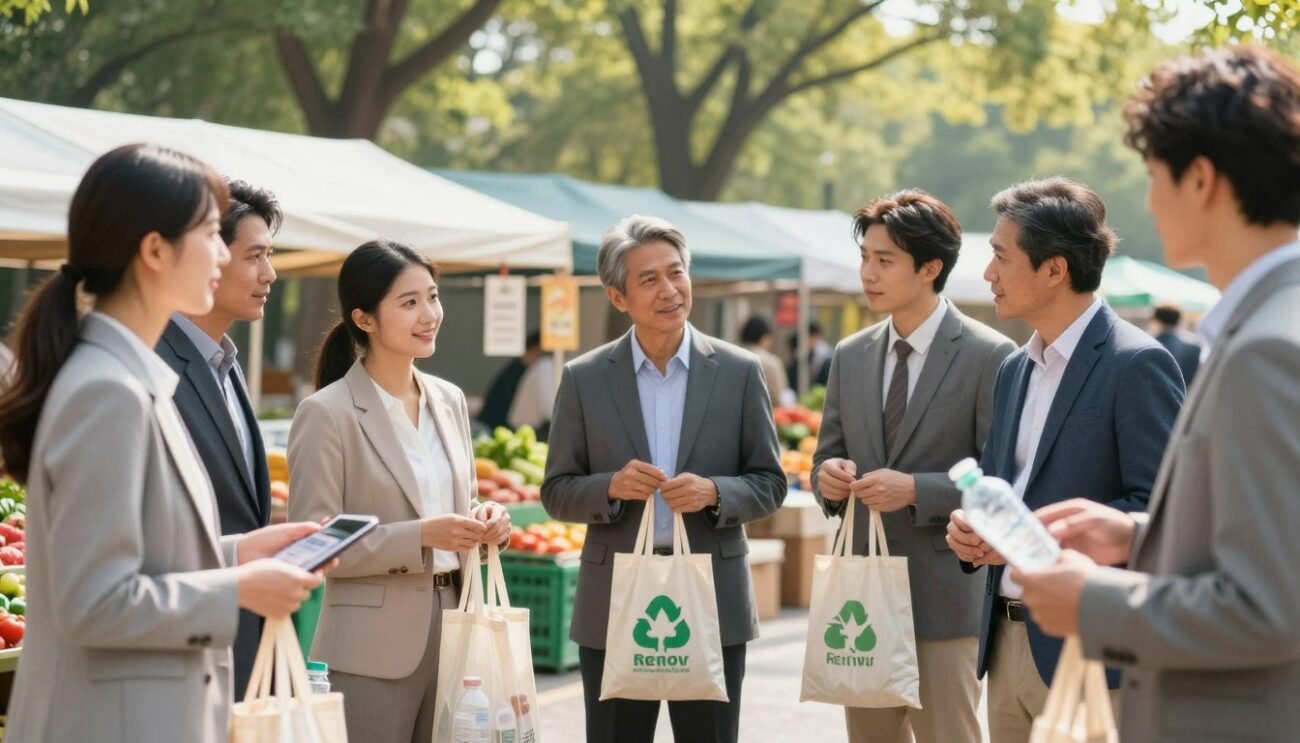 A serene and inspiring scene portraying the theme of overcoming challenges in reducing plastic usage. In the foreground, a diverse group of individuals, dressed in professional business attire, collaboratively discussing solutions while holding reusable bags and sustainable alternatives to plastic. In the middle ground, a vibrant market filled with stalls showcasing eco-friendly products and fresh produce, emphasizing a community effort. The background reveals a bright, sunlit park with trees, symbolizing nature and sustainability. Soft, natural lighting illuminates the scene, creating a hopeful and motivating atmosphere, as the lens captures a candid moment of engagement and determination. The overall mood should evoke a sense of unity and positive action against plastic waste. A serene and inspiring scene portraying the theme of overcoming challenges in reducing plastic usage. In the foreground, a diverse group of individuals, dressed in professional business attire, collaboratively discussing solutions while holding reusable bags and sustainable alternatives to plastic. In the middle ground, a vibrant market filled with stalls showcasing eco-friendly products and fresh produce, emphasizing a community effort. The background reveals a bright, sunlit park with trees, symbolizing nature and sustainability. Soft, natural lighting illuminates the scene, creating a hopeful and motivating atmosphere, as the lens captures a candid moment of engagement and determination. The overall mood should evoke a sense of unity and positive action against plastic waste.