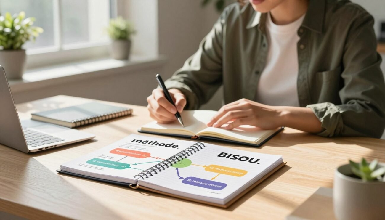 A serene, focused setting in a cozy office space showcasing the "méthode BISOU." In the foreground, a well-organized desk with a neatly arranged planner and a colorful chart illustrating the BISOU method steps, symbolizing a clear path to mindful spending. In the middle ground, an individual in smart casual clothing thoughtfully reviewing their financial goals, with a calm expression, holding a pen poised above a notebook. The background features soft natural light streaming through a window, casting warm shadows that create a tranquil atmosphere. Decorative plants are placed on the windowsill, adding a touch of life to the scene. The overall mood is one of inspiration and self-discipline, inviting viewers to embrace their financial journey. A serene, focused setting in a cozy office space showcasing the "méthode BISOU." In the foreground, a well-organized desk with a neatly arranged planner and a colorful chart illustrating the BISOU method steps, symbolizing a clear path to mindful spending. In the middle ground, an individual in smart casual clothing thoughtfully reviewing their financial goals, with a calm expression, holding a pen poised above a notebook. The background features soft natural light streaming through a window, casting warm shadows that create a tranquil atmosphere. Decorative plants are placed on the windowsill, adding a touch of life to the scene. The overall mood is one of inspiration and self-discipline, inviting viewers to embrace their financial journey.