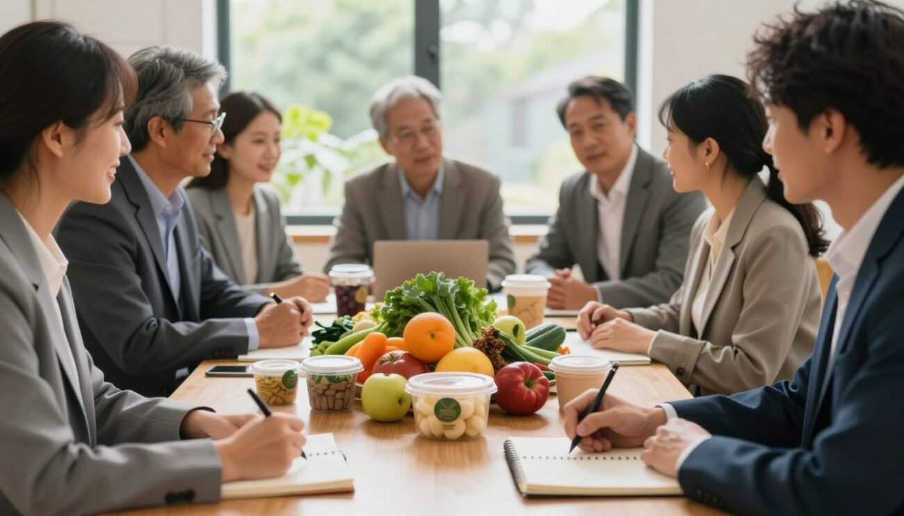 A serene indoor scene showcasing a diverse group of adults, dressed in professional business attire, engaged in collaborative discussions around a table filled with local produce and eco-friendly products, symbolizing the commitment to sustainable practices. In the foreground, a person thoughtfully writes in a journal, illustrating the concept of habit formation. The middle features a vibrant array of fruits, vegetables, and reusable containers, emphasizing the theme of local alternatives. The background displays a sunlit window with greenery outside, creating a warm and inviting atmosphere that conveys a sense of positivity and dedication. Soft natural lighting enhances the colors, inviting a feeling of inspiration and hope for lasting change. The composition is balanced, with a focus on community and responsibility. A serene indoor scene showcasing a diverse group of adults, dressed in professional business attire, engaged in collaborative discussions around a table filled with local produce and eco-friendly products, symbolizing the commitment to sustainable practices. In the foreground, a person thoughtfully writes in a journal, illustrating the concept of habit formation. The middle features a vibrant array of fruits, vegetables, and reusable containers, emphasizing the theme of local alternatives. The background displays a sunlit window with greenery outside, creating a warm and inviting atmosphere that conveys a sense of positivity and dedication. Soft natural lighting enhances the colors, inviting a feeling of inspiration and hope for lasting change. The composition is balanced, with a focus on community and responsibility.