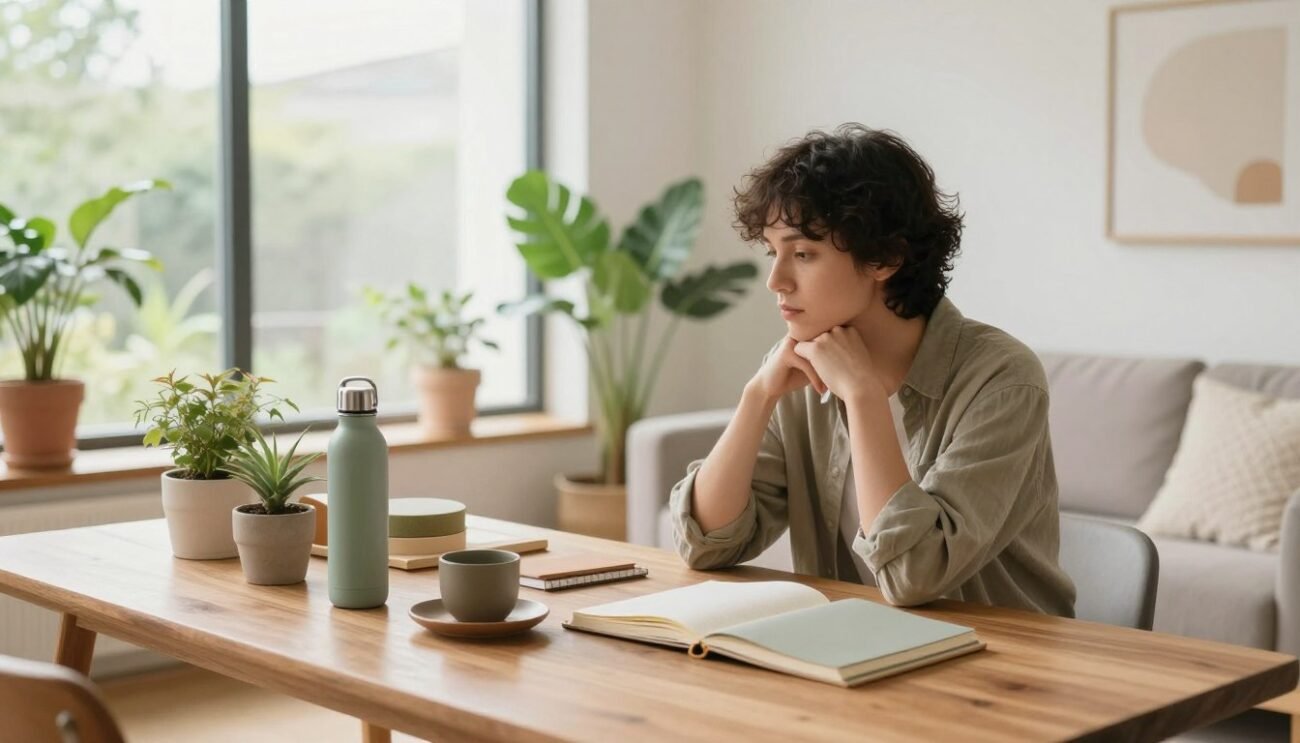 A serene, modern living space that embodies the concept of mindful spending. In the foreground, a thoughtful individual, dressed in smart casual clothing, is seated at a stylish wooden table, carefully evaluating a beautifully arranged selection of practical and ethical products, such as a reusable water bottle, handmade notebooks, and sustainable groceries. In the middle ground, a large window allows natural light to flood the room, illuminating lush indoor plants that symbolize growth and sustainability. The background features minimalist decor with soft pastel colors, promoting a calming atmosphere. The scene conveys a sense of tranquility and contemplation, highlighting the benefits of mindful consumption and intentional living, with an overall warm and inviting mood. A serene, modern living space that embodies the concept of mindful spending. In the foreground, a thoughtful individual, dressed in smart casual clothing, is seated at a stylish wooden table, carefully evaluating a beautifully arranged selection of practical and ethical products, such as a reusable water bottle, handmade notebooks, and sustainable groceries. In the middle ground, a large window allows natural light to flood the room, illuminating lush indoor plants that symbolize growth and sustainability. The background features minimalist decor with soft pastel colors, promoting a calming atmosphere. The scene conveys a sense of tranquility and contemplation, highlighting the benefits of mindful consumption and intentional living, with an overall warm and inviting mood.
