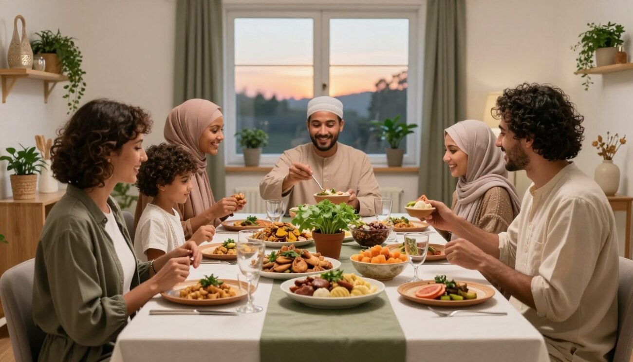 A serene scene depicting a family gathering for iftar during Ramadan, set in a cozy, well-lit dining room adorned with eco-friendly decorations. In the foreground, an elegantly set table with sustainable dishware, featuring a colorful array of traditional dishes made from locally sourced ingredients. Soft, warm lighting adds to the inviting atmosphere, while potted herbs and recycled decorations enhance the green theme. In the middle ground, family members in modest casual clothing are joyfully sharing food and laughter, embodying community spirit. The background reveals a window showing a peaceful sunset, symbolizing hope and reflection. The overall mood is harmonious and uplifting, celebrating sustainable practices during Ramadan. A serene scene depicting a family gathering for iftar during Ramadan, set in a cozy, well-lit dining room adorned with eco-friendly decorations. In the foreground, an elegantly set table with sustainable dishware, featuring a colorful array of traditional dishes made from locally sourced ingredients. Soft, warm lighting adds to the inviting atmosphere, while potted herbs and recycled decorations enhance the green theme. In the middle ground, family members in modest casual clothing are joyfully sharing food and laughter, embodying community spirit. The background reveals a window showing a peaceful sunset, symbolizing hope and reflection. The overall mood is harmonious and uplifting, celebrating sustainable practices during Ramadan.