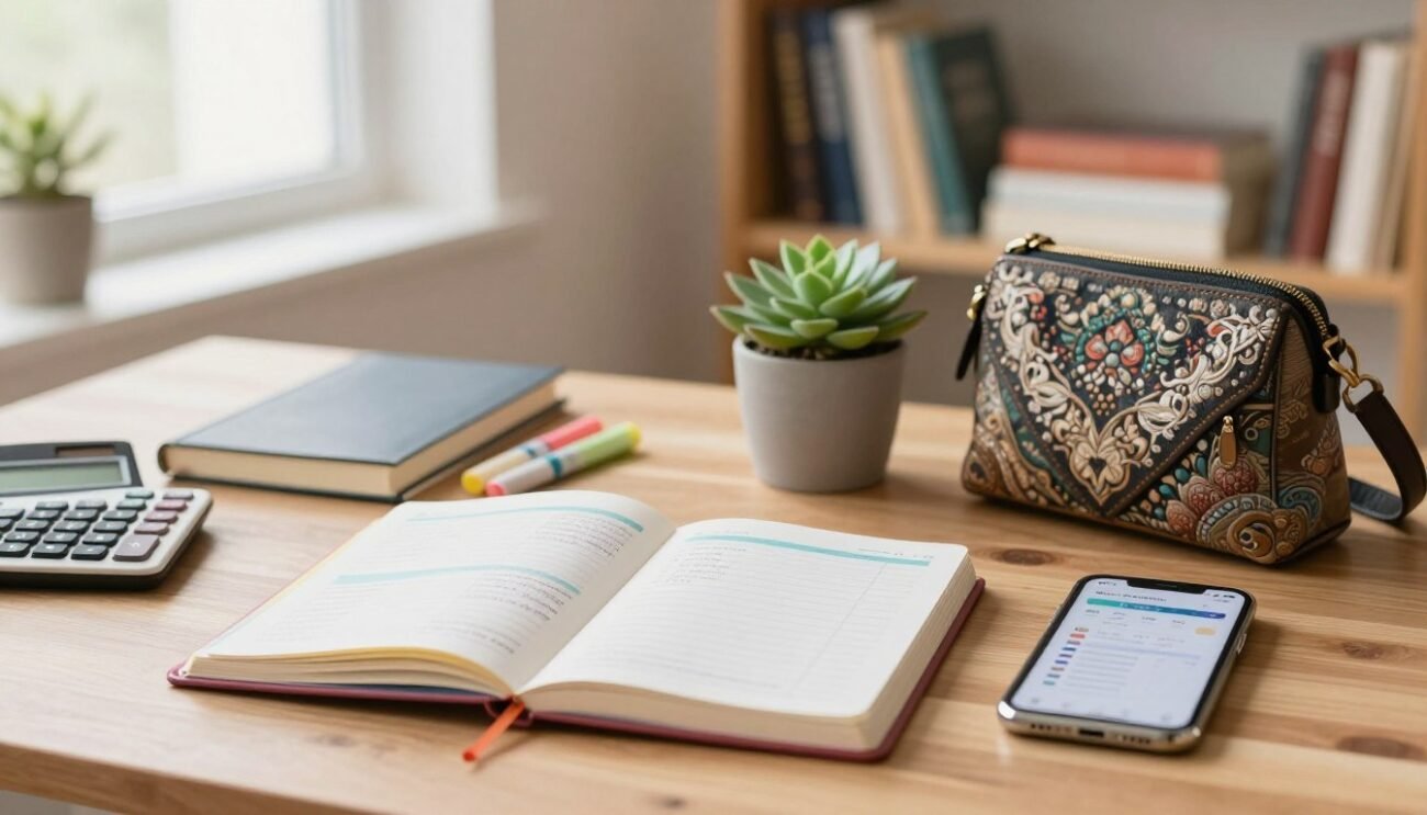 A serene workspace featuring a neatly organized wooden desk in the foreground, with various budgeting tools displayed: a colorful bullet journal open with handwritten budget notes, a modern calculator, a smartphone showing a budgeting app, and a set of highlighters. In the middle, a potted succulent adds a touch of greenery, while a stylish notebook lies beside an intricately designed thrifted vintage purse. The background features softly blurred bookshelves filled with budgeting and personal finance books, and a warm, inviting window letting in soft natural light. The mood is calm and focused, inspiring mindfulness in financial management, with a bright and inviting color palette. Use a shallow depth of field to enhance the foreground elements, capturing the essence of budgeting creatively. A serene workspace featuring a neatly organized wooden desk in the foreground, with various budgeting tools displayed: a colorful bullet journal open with handwritten budget notes, a modern calculator, a smartphone showing a budgeting app, and a set of highlighters. In the middle, a potted succulent adds a touch of greenery, while a stylish notebook lies beside an intricately designed thrifted vintage purse. The background features softly blurred bookshelves filled with budgeting and personal finance books, and a warm, inviting window letting in soft natural light. The mood is calm and focused, inspiring mindfulness in financial management, with a bright and inviting color palette. Use a shallow depth of field to enhance the foreground elements, capturing the essence of budgeting creatively.