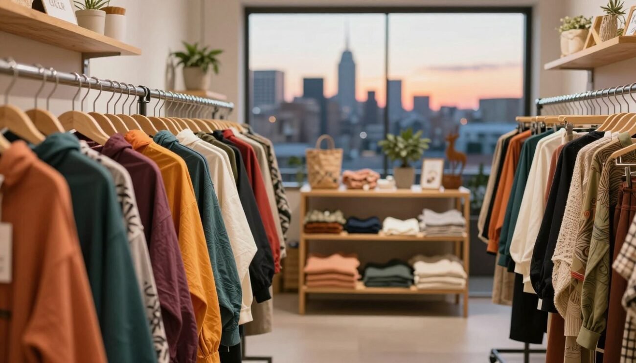 A split scene illustrating the contrast between fast fashion and sustainable fashion. In the foreground, vibrant racks of trendy, mass-produced clothing in a fast fashion store, showcasing colorful, synthetic garments with price tags and a sense of urgency. In the middle ground, a serene display of a cozy, eco-friendly fashion boutique featuring organic fabrics, handcrafted items, and earthy colors, exuding an inviting atmosphere. The background displays a city skyline under soft, warm lighting that transitions from bright neon lights of fast fashion to a peaceful sunset behind the sustainable store. The mood is dynamic yet thoughtful, capturing the tension between consumerism and sustainability. A shallow depth of field draws focus to both styles while the rest fades gently into the background, inviting introspection on wardrobe choices. A split scene illustrating the contrast between fast fashion and sustainable fashion. In the foreground, vibrant racks of trendy, mass-produced clothing in a fast fashion store, showcasing colorful, synthetic garments with price tags and a sense of urgency. In the middle ground, a serene display of a cozy, eco-friendly fashion boutique featuring organic fabrics, handcrafted items, and earthy colors, exuding an inviting atmosphere. The background displays a city skyline under soft, warm lighting that transitions from bright neon lights of fast fashion to a peaceful sunset behind the sustainable store. The mood is dynamic yet thoughtful, capturing the tension between consumerism and sustainability. A shallow depth of field draws focus to both styles while the rest fades gently into the background, inviting introspection on wardrobe choices.