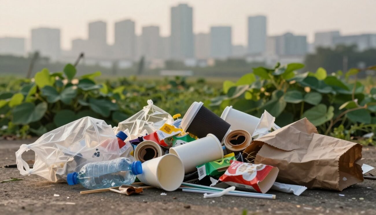 A striking still life composition focused on the environmental impact of single-use items, showcasing a variety of discarded plastic and paper waste in the foreground. Include a crumpled plastic bag, coffee cups, and straws juxtaposed with brown paper and food wrappers. In the middle ground, display a pile of mixed recyclables surrounded by contrasting green foliage, symbolizing nature's struggle against pollution. The background features a blurred urban skyline shrouded in a soft haze, emphasizing the urban waste problem. Use warm, natural lighting to create a somber yet reflective mood, capturing the essence of environmental concern. Aim for a shallow depth of field with a soft focus on the background, allowing the waste to remain the primary focal point. A striking still life composition focused on the environmental impact of single-use items, showcasing a variety of discarded plastic and paper waste in the foreground. Include a crumpled plastic bag, coffee cups, and straws juxtaposed with brown paper and food wrappers. In the middle ground, display a pile of mixed recyclables surrounded by contrasting green foliage, symbolizing nature's struggle against pollution. The background features a blurred urban skyline shrouded in a soft haze, emphasizing the urban waste problem. Use warm, natural lighting to create a somber yet reflective mood, capturing the essence of environmental concern. Aim for a shallow depth of field with a soft focus on the background, allowing the waste to remain the primary focal point.