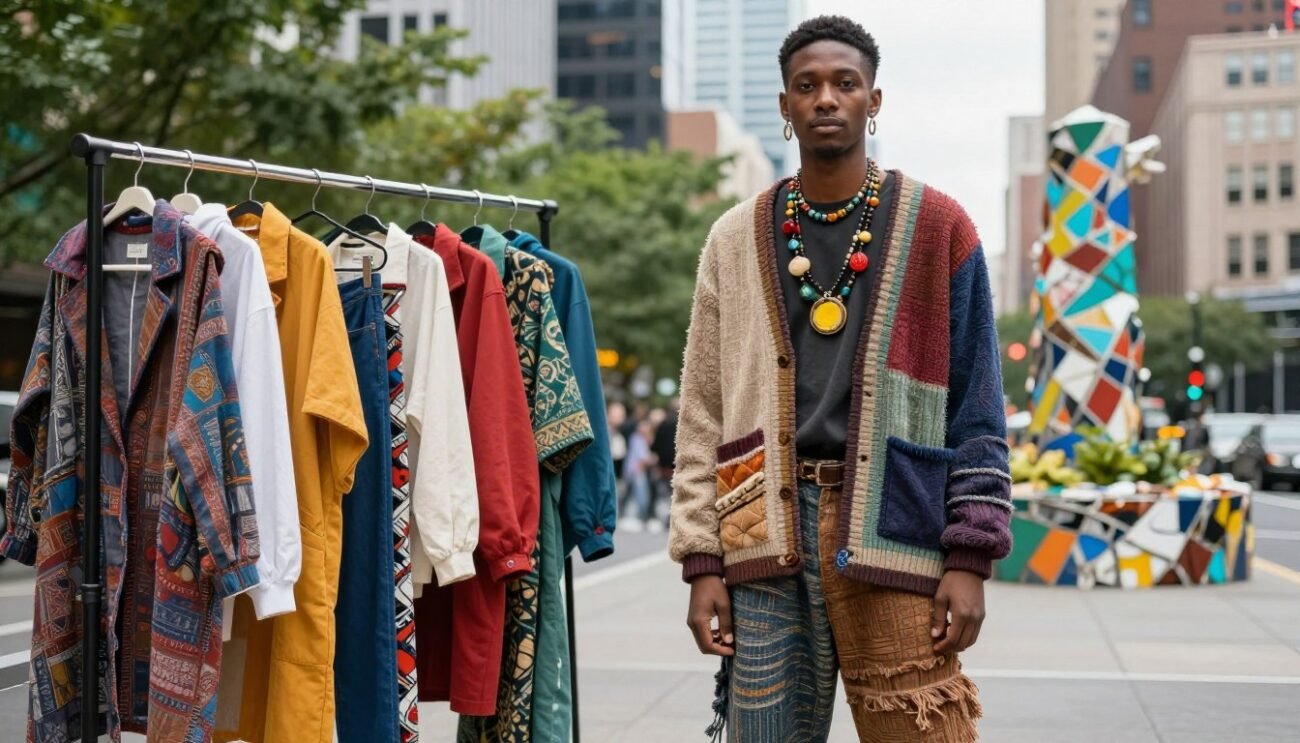 A stylish individual stands confidently in an urban setting, showcasing a creative outfit remix. The foreground features a diverse model wearing an eclectic mix of textures and patterns—layered clothing combining vintage pieces with contemporary sustainable fabrics, accessorized with bold jewelry made from upcycled materials. In the middle ground, an array of colorful clothing items is draped artistically over a stylish rack, symbolizing a diverse wardrobe. The background captures a vibrant cityscape with greenery and recycled art installations. Soft, natural lighting highlights the textures and colors, while a shallow depth of field emphasizes the outfit in focus. The overall mood is dynamic and inspiring, evoking creativity and a passion for sustainable fashion. A stylish individual stands confidently in an urban setting, showcasing a creative outfit remix. The foreground features a diverse model wearing an eclectic mix of textures and patterns—layered clothing combining vintage pieces with contemporary sustainable fabrics, accessorized with bold jewelry made from upcycled materials. In the middle ground, an array of colorful clothing items is draped artistically over a stylish rack, symbolizing a diverse wardrobe. The background captures a vibrant cityscape with greenery and recycled art installations. Soft, natural lighting highlights the textures and colors, while a shallow depth of field emphasizes the outfit in focus. The overall mood is dynamic and inspiring, evoking creativity and a passion for sustainable fashion.