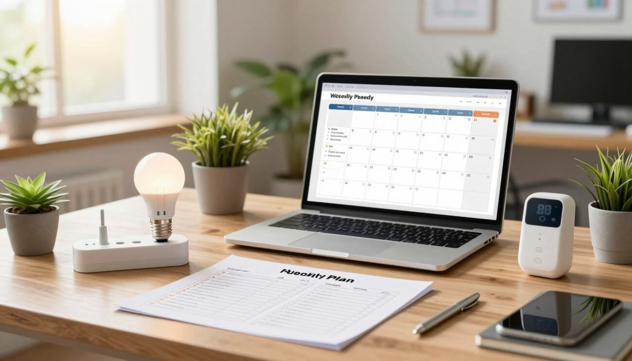 A thoughtful and organized workspace showcasing a practical weekly plan to reduce electricity consumption, designed for a professional setting. In the foreground, a wooden desk features a detailed checklist on notepad paper, surrounded by eco-friendly items like a LED light bulb, a smart power strip, and energy-efficient gadgets. The middle ground includes an open laptop displaying a digital calendar filled with energy-saving tips and reminders. In the background, a softly lit office environment with potted plants and large windows showing a bright, sunny day creates an inviting atmosphere. The lighting is warm and natural, suggesting a positive and proactive mood for tackling electricity reduction. The composition is well-balanced and professional, focusing on actionable strategies to engage viewers. A thoughtful and organized workspace showcasing a practical weekly plan to reduce electricity consumption, designed for a professional setting. In the foreground, a wooden desk features a detailed checklist on notepad paper, surrounded by eco-friendly items like a LED light bulb, a smart power strip, and energy-efficient gadgets. The middle ground includes an open laptop displaying a digital calendar filled with energy-saving tips and reminders. In the background, a softly lit office environment with potted plants and large windows showing a bright, sunny day creates an inviting atmosphere. The lighting is warm and natural, suggesting a positive and proactive mood for tackling electricity reduction. The composition is well-balanced and professional, focusing on actionable strategies to engage viewers.