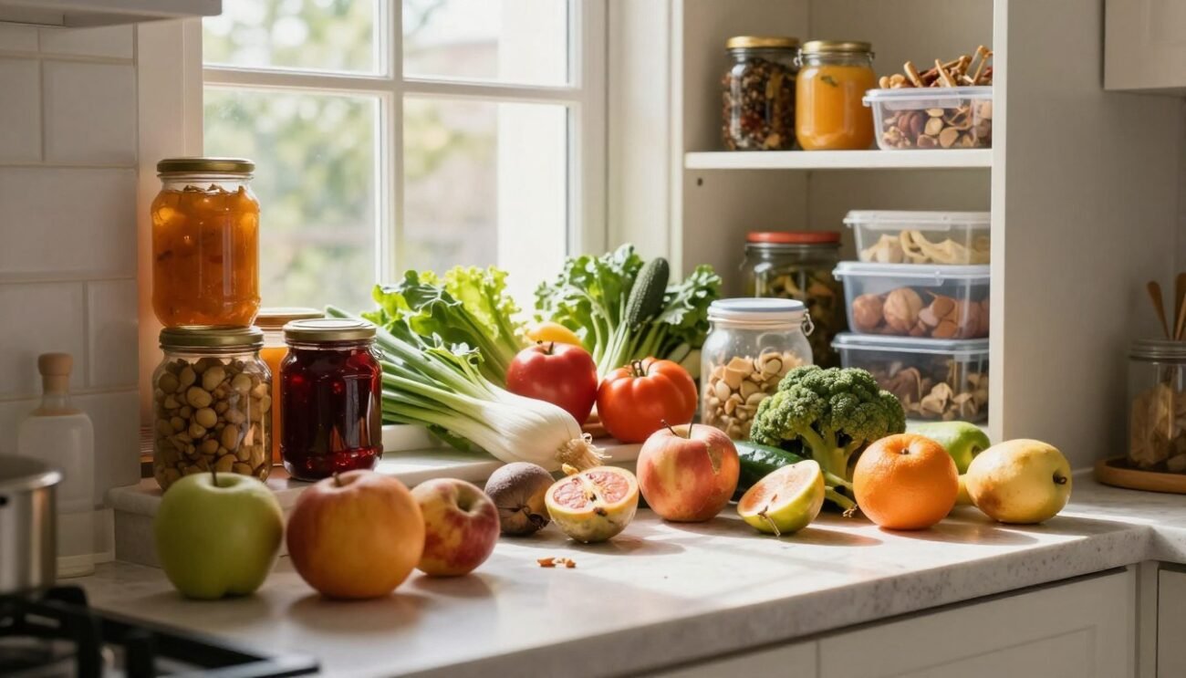 A thoughtfully arranged kitchen countertop showcasing a variety of food items that are often wasted. In the foreground, there are a few visibly spoiled fruits and vegetables, symbolizing food waste. The middle ground features a vibrant, well-stocked pantry with jars of preserved foods, an assortment of fresh produce, and reusable containers to indicate mindful food storage. In the background, a window lets in soft, natural light, creating a warm atmosphere. An advised home-like environment suggests a challenge towards reducing waste. The scene should evoke a sense of urgency and awareness about food waste as a global issue that begins at home. The overall mood is reflective yet hopeful, focusing on solutions to tackle this problem. A thoughtfully arranged kitchen countertop showcasing a variety of food items that are often wasted. In the foreground, there are a few visibly spoiled fruits and vegetables, symbolizing food waste. The middle ground features a vibrant, well-stocked pantry with jars of preserved foods, an assortment of fresh produce, and reusable containers to indicate mindful food storage. In the background, a window lets in soft, natural light, creating a warm atmosphere. An advised home-like environment suggests a challenge towards reducing waste. The scene should evoke a sense of urgency and awareness about food waste as a global issue that begins at home. The overall mood is reflective yet hopeful, focusing on solutions to tackle this problem.