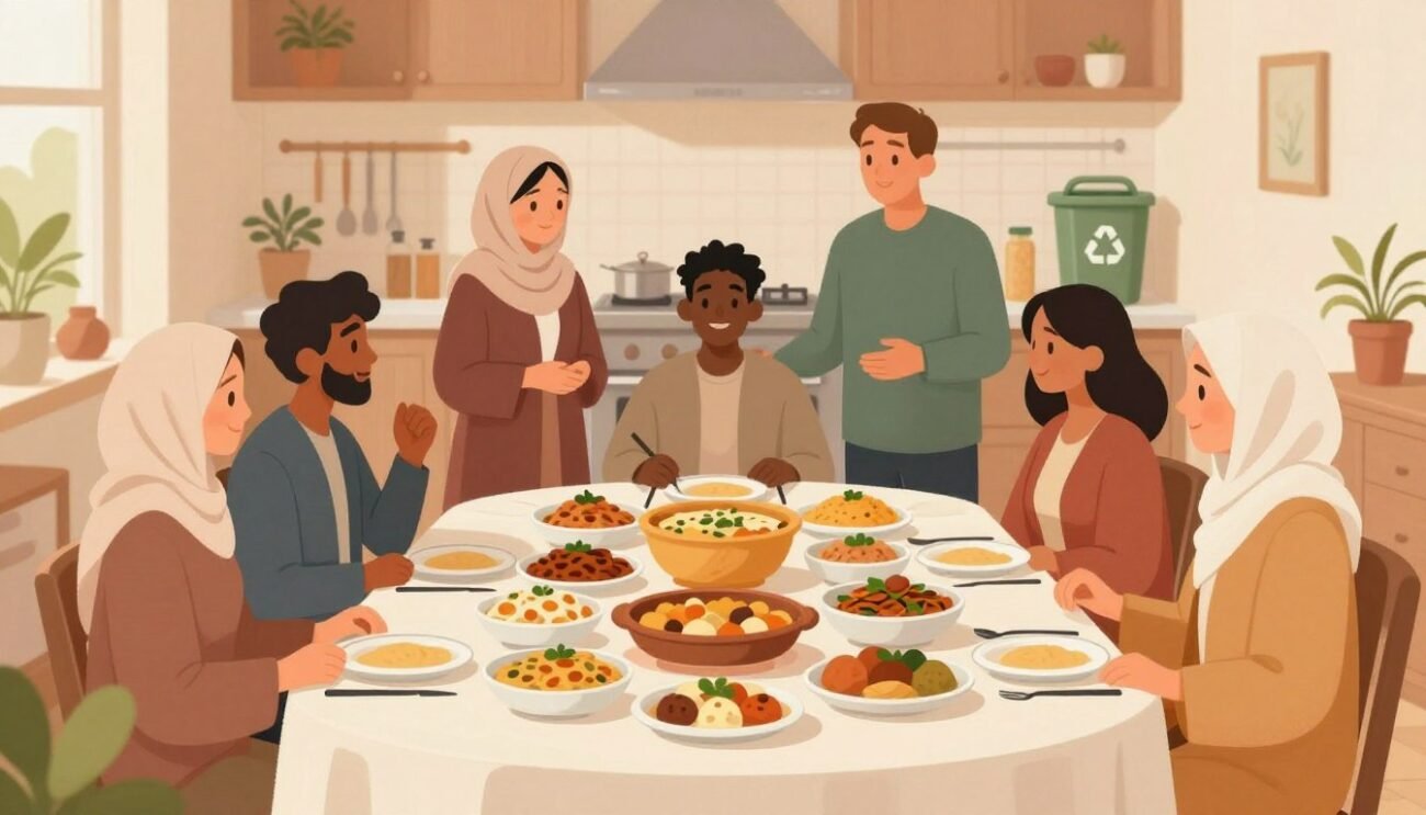 A vibrant and engaging illustration depicting steps to minimize food waste during Ramadan. In the foreground, a beautifully set table featuring a variety of traditional dishes, arranged neatly with plates filled moderately to avoid excess. In the middle ground, a diverse group of individuals in modest, professional attire, actively discussing and sharing tips for reducing food waste. The background showcases a cozy kitchen with warm lighting, emphasizing sustainability, with a compost bin and recycled containers visible. Use soft, natural lighting to create a welcoming atmosphere, capturing a sense of community and responsibility. The image should evoke a spirit of collaboration and mindfulness in food consumption without any text or overlays. A vibrant and engaging illustration depicting steps to minimize food waste during Ramadan. In the foreground, a beautifully set table featuring a variety of traditional dishes, arranged neatly with plates filled moderately to avoid excess. In the middle ground, a diverse group of individuals in modest, professional attire, actively discussing and sharing tips for reducing food waste. The background showcases a cozy kitchen with warm lighting, emphasizing sustainability, with a compost bin and recycled containers visible. Use soft, natural lighting to create a welcoming atmosphere, capturing a sense of community and responsibility. The image should evoke a spirit of collaboration and mindfulness in food consumption without any text or overlays.
