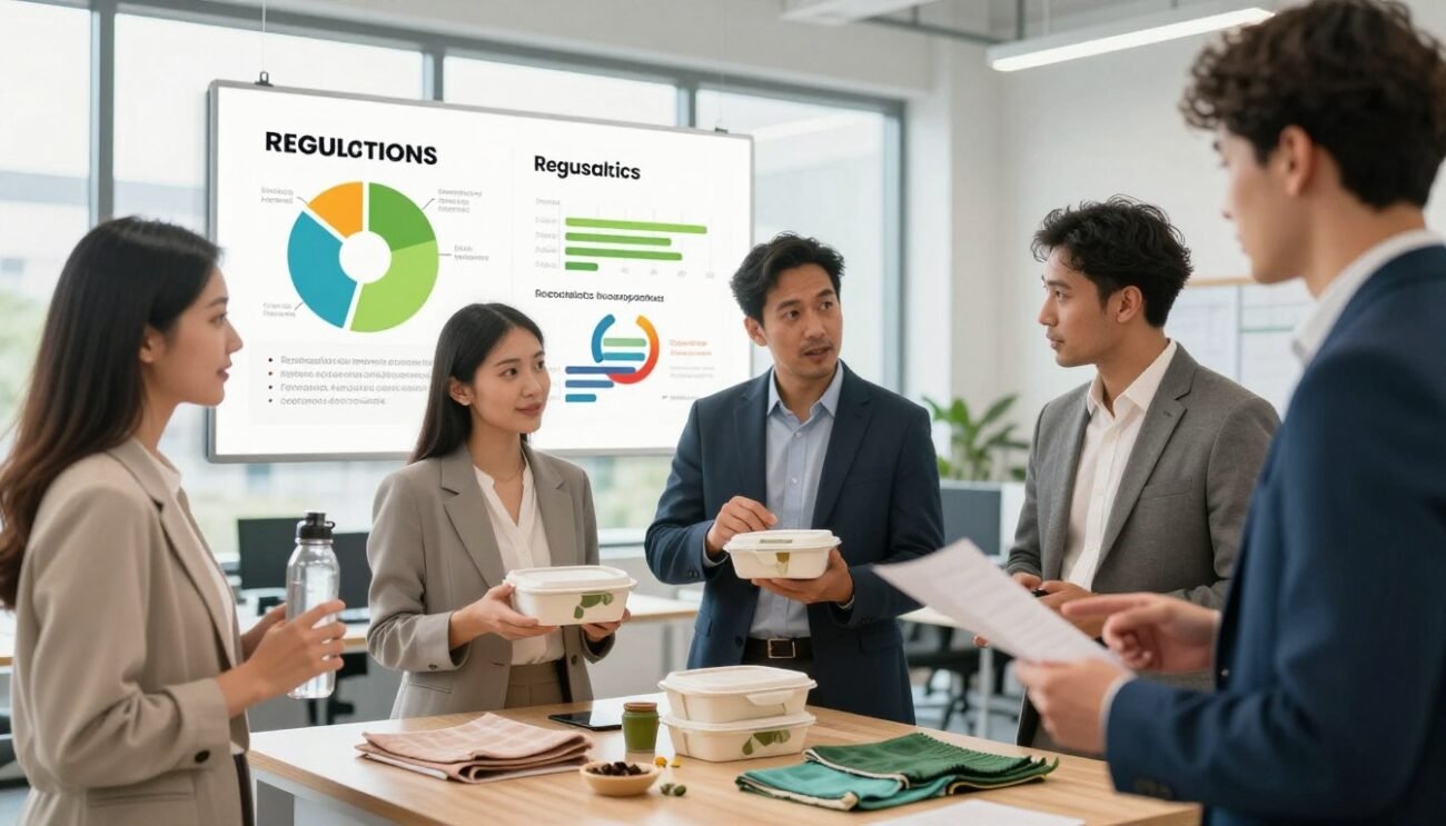A vibrant and engaging illustration showcasing various reusable product regulations and resources. In the foreground, feature a diverse group of professionals in business attire discussing reusable product options; include a woman holding a reusable water bottle, a man examining a sustainable lunch container, and a person pointing at eco-friendly fabric samples. The middle layer should display charts and infographics on regulations regarding reusable products, emphasizing sustainability and compliance, with vivid colors and clear graphics. In the background, depict a bright, modern office environment with large windows allowing natural light to flow in, creating a productive atmosphere. Use a wide-angle lens to capture the collaborative spirit, aiming for a professional yet inviting mood that promotes awareness of reusable products and their benefits. A vibrant and engaging illustration showcasing various reusable product regulations and resources. In the foreground, feature a diverse group of professionals in business attire discussing reusable product options; include a woman holding a reusable water bottle, a man examining a sustainable lunch container, and a person pointing at eco-friendly fabric samples. The middle layer should display charts and infographics on regulations regarding reusable products, emphasizing sustainability and compliance, with vivid colors and clear graphics. In the background, depict a bright, modern office environment with large windows allowing natural light to flow in, creating a productive atmosphere. Use a wide-angle lens to capture the collaborative spirit, aiming for a professional yet inviting mood that promotes awareness of reusable products and their benefits.