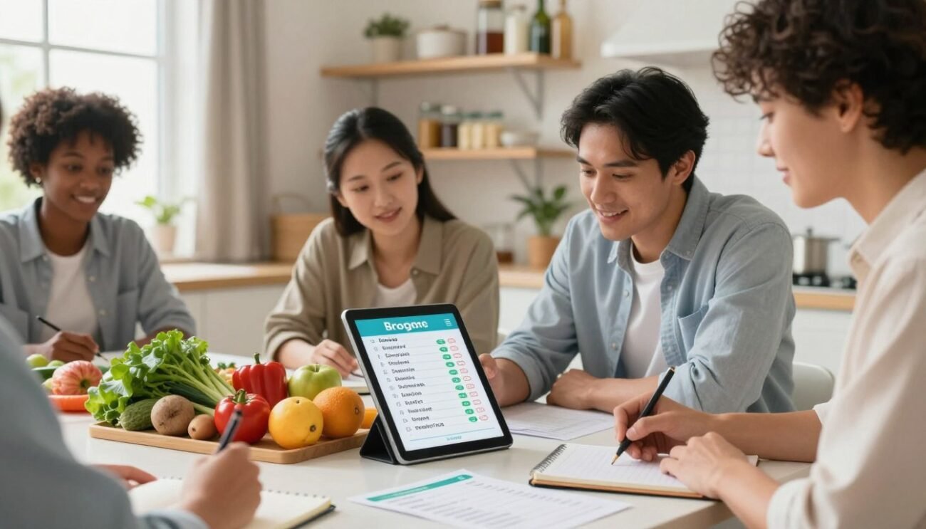 A vibrant and organized kitchen scene showing a diverse group of individuals planning their smart shopping strategy. In the foreground, a table is filled with fresh vegetables, fruits, and grocery lists, showcasing items marked for purchase. In the middle ground, two people, dressed in professional casual attire, are discussing and reviewing a shopping app on a tablet, while a third is taking notes. In the background, shelves are stocked with various food items, and a sunny window highlights the space, creating a warm and inviting atmosphere. The lighting is bright, conveying a sense of motivation and positivity, compressing the idea of smart planning and preparation for a week without food waste. Focus on creating a sense of community and action. A vibrant and organized kitchen scene showing a diverse group of individuals planning their smart shopping strategy. In the foreground, a table is filled with fresh vegetables, fruits, and grocery lists, showcasing items marked for purchase. In the middle ground, two people, dressed in professional casual attire, are discussing and reviewing a shopping app on a tablet, while a third is taking notes. In the background, shelves are stocked with various food items, and a sunny window highlights the space, creating a warm and inviting atmosphere. The lighting is bright, conveying a sense of motivation and positivity, compressing the idea of smart planning and preparation for a week without food waste. Focus on creating a sense of community and action.