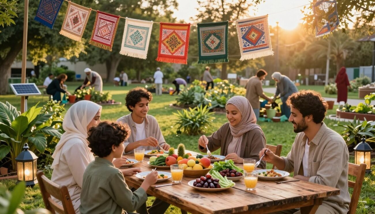 A vibrant and serene scene celebrating a green Ramadan lifestyle. In the foreground, a family of four, dressed in modest, casual clothing, is sharing an Iftar meal on a traditional table made from reclaimed wood, adorned with sustainable, eco-friendly dishes filled with fresh fruits, vegetables, and organic dates. In the middle ground, lush green plants and solar-powered lanterns illuminate the setting, while colorful textile banners made from recycled materials hang overhead. The background features a sun-drenched park with people engaging in community gardening, showcasing their commitment to sustainability. The golden hour light casts a warm, inviting glow, creating a harmonious and peaceful atmosphere that embodies connection, sustainability, and the spirit of Ramadan. The lens captures a wide angle to encompass the lively environment full of joy and purpose. A vibrant and serene scene celebrating a green Ramadan lifestyle. In the foreground, a family of four, dressed in modest, casual clothing, is sharing an Iftar meal on a traditional table made from reclaimed wood, adorned with sustainable, eco-friendly dishes filled with fresh fruits, vegetables, and organic dates. In the middle ground, lush green plants and solar-powered lanterns illuminate the setting, while colorful textile banners made from recycled materials hang overhead. The background features a sun-drenched park with people engaging in community gardening, showcasing their commitment to sustainability. The golden hour light casts a warm, inviting glow, creating a harmonious and peaceful atmosphere that embodies connection, sustainability, and the spirit of Ramadan. The lens captures a wide angle to encompass the lively environment full of joy and purpose.