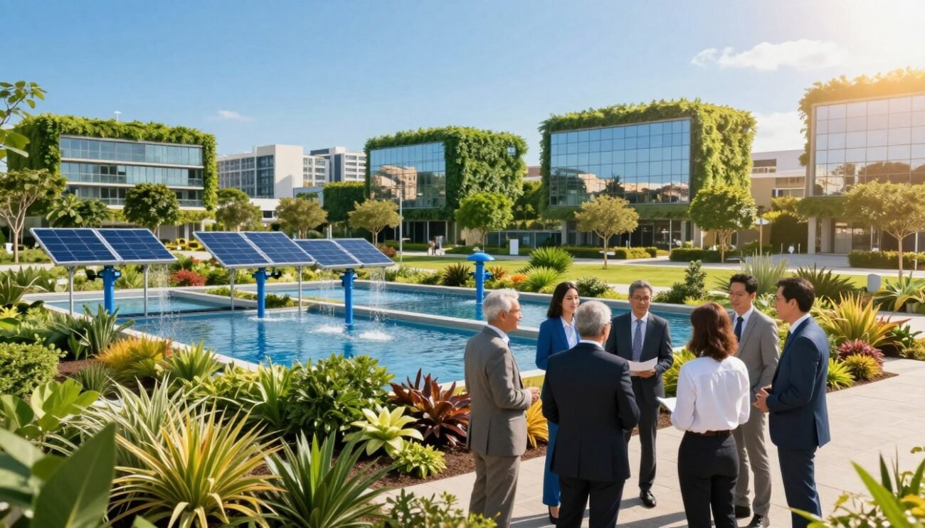 A vibrant cityscape showcasing innovative water management solutions. In the foreground, a diverse group of professionals in business attire discusses strategic plans for sustainable water usage, surrounded by lush greenery and native plants. The middle ground features advanced technologies like solar-powered water pumps and rainwater harvesting systems, emphasized with clear blue skies. In the background, a skyline of eco-friendly buildings with green roofs reflects a commitment to ambitious national water policies. The scene is bathed in warm sunlight, creating an optimistic and proactive atmosphere. Use a wide-angle lens to capture the expansive environment, emphasizing collaboration and responsibility in addressing water scarcity challenges. A vibrant cityscape showcasing innovative water management solutions. In the foreground, a diverse group of professionals in business attire discusses strategic plans for sustainable water usage, surrounded by lush greenery and native plants. The middle ground features advanced technologies like solar-powered water pumps and rainwater harvesting systems, emphasized with clear blue skies. In the background, a skyline of eco-friendly buildings with green roofs reflects a commitment to ambitious national water policies. The scene is bathed in warm sunlight, creating an optimistic and proactive atmosphere. Use a wide-angle lens to capture the expansive environment, emphasizing collaboration and responsibility in addressing water scarcity challenges.