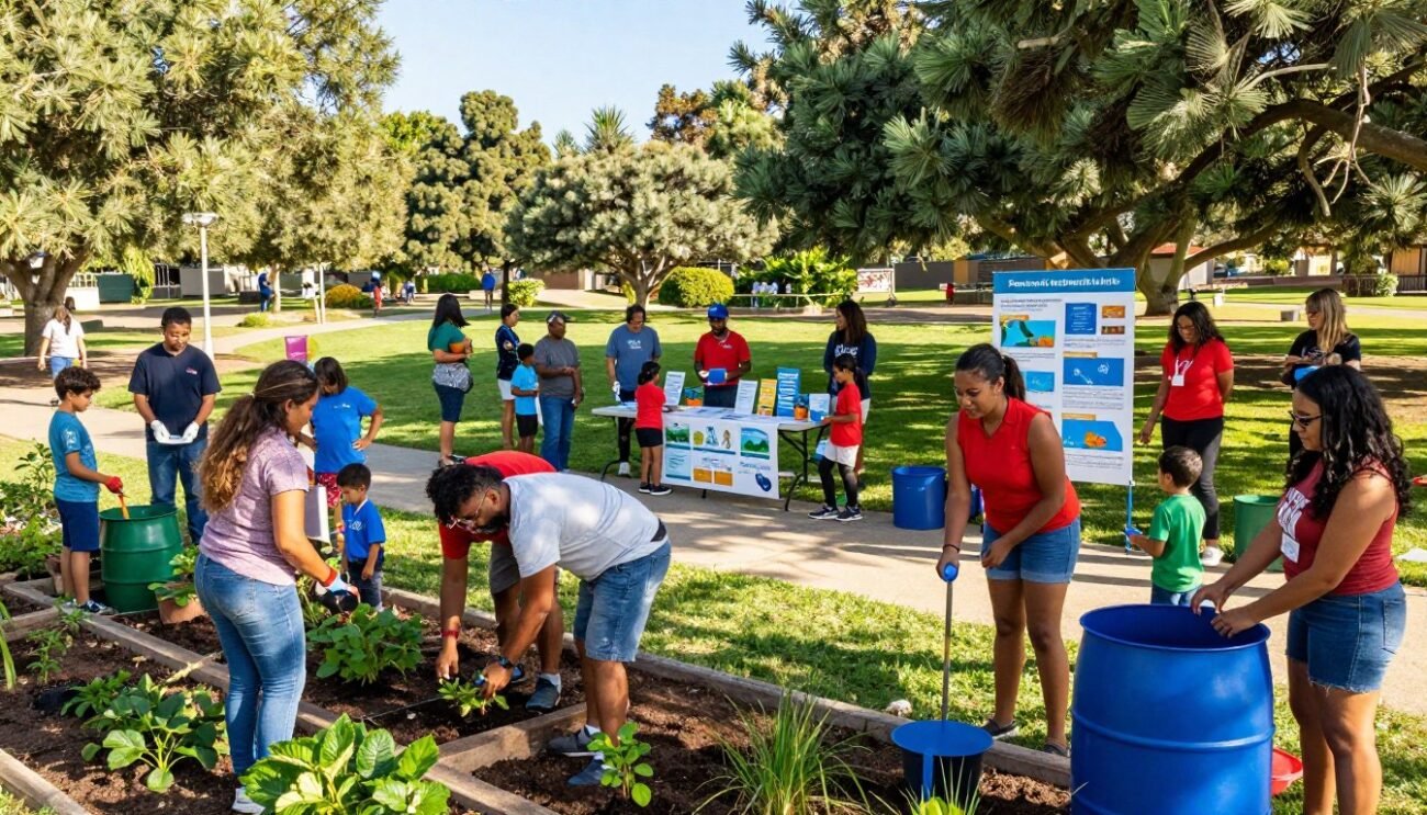 A vibrant community gathering focused on water conservation in a sunny park. In the foreground, diverse families of various ethnicities, dressed in casual attire, enthusiastically participate in activities like planting a community garden and setting up rain barrels. In the middle ground, tables display informational brochures and workshops on water-saving techniques, with children engaging in fun educational games. In the background, lush greenery and trees surround the park, under a clear blue sky that conveys a sense of optimism and collaboration. The lighting is bright and natural, suggesting a warm afternoon. The angle captures the action from a slightly elevated perspective, emphasizing the lively community spirit and the shared commitment to water conservation. A vibrant community gathering focused on water conservation in a sunny park. In the foreground, diverse families of various ethnicities, dressed in casual attire, enthusiastically participate in activities like planting a community garden and setting up rain barrels. In the middle ground, tables display informational brochures and workshops on water-saving techniques, with children engaging in fun educational games. In the background, lush greenery and trees surround the park, under a clear blue sky that conveys a sense of optimism and collaboration. The lighting is bright and natural, suggesting a warm afternoon. The angle captures the action from a slightly elevated perspective, emphasizing the lively community spirit and the shared commitment to water conservation.