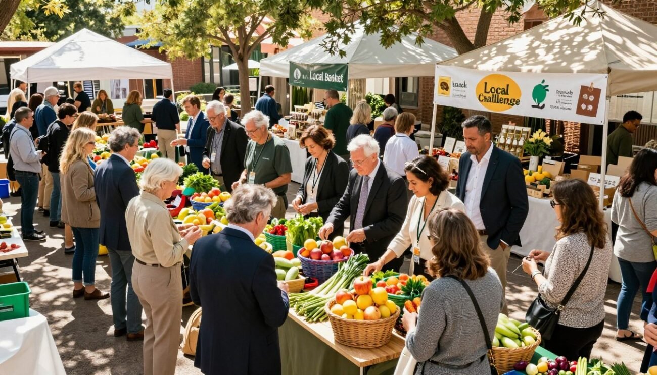 A vibrant community gathering scene in a sunny outdoor market setting. In the foreground, a diverse group of people of various ages—men and women—dressed in professional business attire and modest casual clothing, enthusiastically select fresh, local produce displayed on wooden tables. In the middle ground, colorful baskets filled with fruits and vegetables are artistically arranged, symbolizing the 'Local Basket Challenge'. The background features charming market stalls with banners promoting local goods and artisans. Soft sunlight filters through trees overhead, casting dappled light across the scene, creating a warm and inviting atmosphere. The angle is slightly elevated, giving a broad view of the vibrant activity, suggesting community engagement and cooperation in making responsible choices. A vibrant community gathering scene in a sunny outdoor market setting. In the foreground, a diverse group of people of various ages—men and women—dressed in professional business attire and modest casual clothing, enthusiastically select fresh, local produce displayed on wooden tables. In the middle ground, colorful baskets filled with fruits and vegetables are artistically arranged, symbolizing the 'Local Basket Challenge'. The background features charming market stalls with banners promoting local goods and artisans. Soft sunlight filters through trees overhead, casting dappled light across the scene, creating a warm and inviting atmosphere. The angle is slightly elevated, giving a broad view of the vibrant activity, suggesting community engagement and cooperation in making responsible choices.