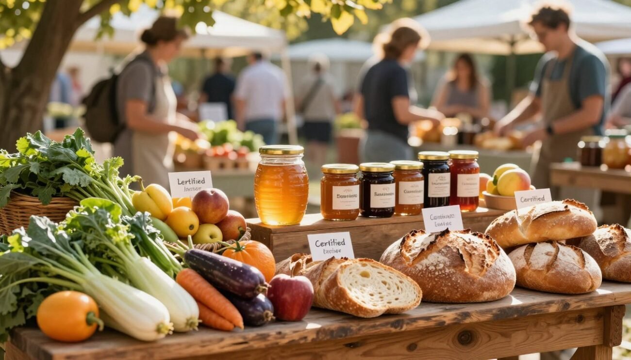 A vibrant display of certified local products spread across a rustic wooden table. In the foreground, a variety of fresh vegetables, colorful fruits, and artisanal breads are beautifully arranged with labels highlighting their local origin. The middle ground features a jar of honey and small-batch preserves, emphasizing the handcrafted nature of these goods. In the background, a blurred farmer’s market scene can be seen, with people casually browsing and enjoying the sunny day. Golden sunlight filters through leafy branches, casting gentle shadows that add warmth to the atmosphere. The mood is inviting and community-oriented, reflecting support for sustainable farming and responsible consumption. Use a shallow depth of field to focus on the products while softly blurring the background, enhancing the sense of a vibrant local market. A vibrant display of certified local products spread across a rustic wooden table. In the foreground, a variety of fresh vegetables, colorful fruits, and artisanal breads are beautifully arranged with labels highlighting their local origin. The middle ground features a jar of honey and small-batch preserves, emphasizing the handcrafted nature of these goods. In the background, a blurred farmer’s market scene can be seen, with people casually browsing and enjoying the sunny day. Golden sunlight filters through leafy branches, casting gentle shadows that add warmth to the atmosphere. The mood is inviting and community-oriented, reflecting support for sustainable farming and responsible consumption. Use a shallow depth of field to focus on the products while softly blurring the background, enhancing the sense of a vibrant local market.