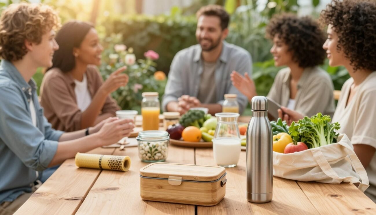 A vibrant, eco-friendly scene illustrating sustainable alternatives to plastic. In the foreground, a bamboo lunch box and stainless steel water bottle sit on a natural wooden table, surrounded by fresh fruits and vegetables in reusable cotton bags. In the middle ground, a diverse group of individuals, dressed in casual, modest clothing, engage in a lively discussion about zero-waste practices, showcasing various eco-conscious products like glass containers and beeswax wraps. The background features a lush garden with greenery and flowering plants, bathed in warm, golden sunlight filtering through. Capture an optimistic and inspiring mood, emphasizing environmental consciousness and community engagement, with a soft focus to evoke a sense of harmony with nature. A vibrant, eco-friendly scene illustrating sustainable alternatives to plastic. In the foreground, a bamboo lunch box and stainless steel water bottle sit on a natural wooden table, surrounded by fresh fruits and vegetables in reusable cotton bags. In the middle ground, a diverse group of individuals, dressed in casual, modest clothing, engage in a lively discussion about zero-waste practices, showcasing various eco-conscious products like glass containers and beeswax wraps. The background features a lush garden with greenery and flowering plants, bathed in warm, golden sunlight filtering through. Capture an optimistic and inspiring mood, emphasizing environmental consciousness and community engagement, with a soft focus to evoke a sense of harmony with nature.