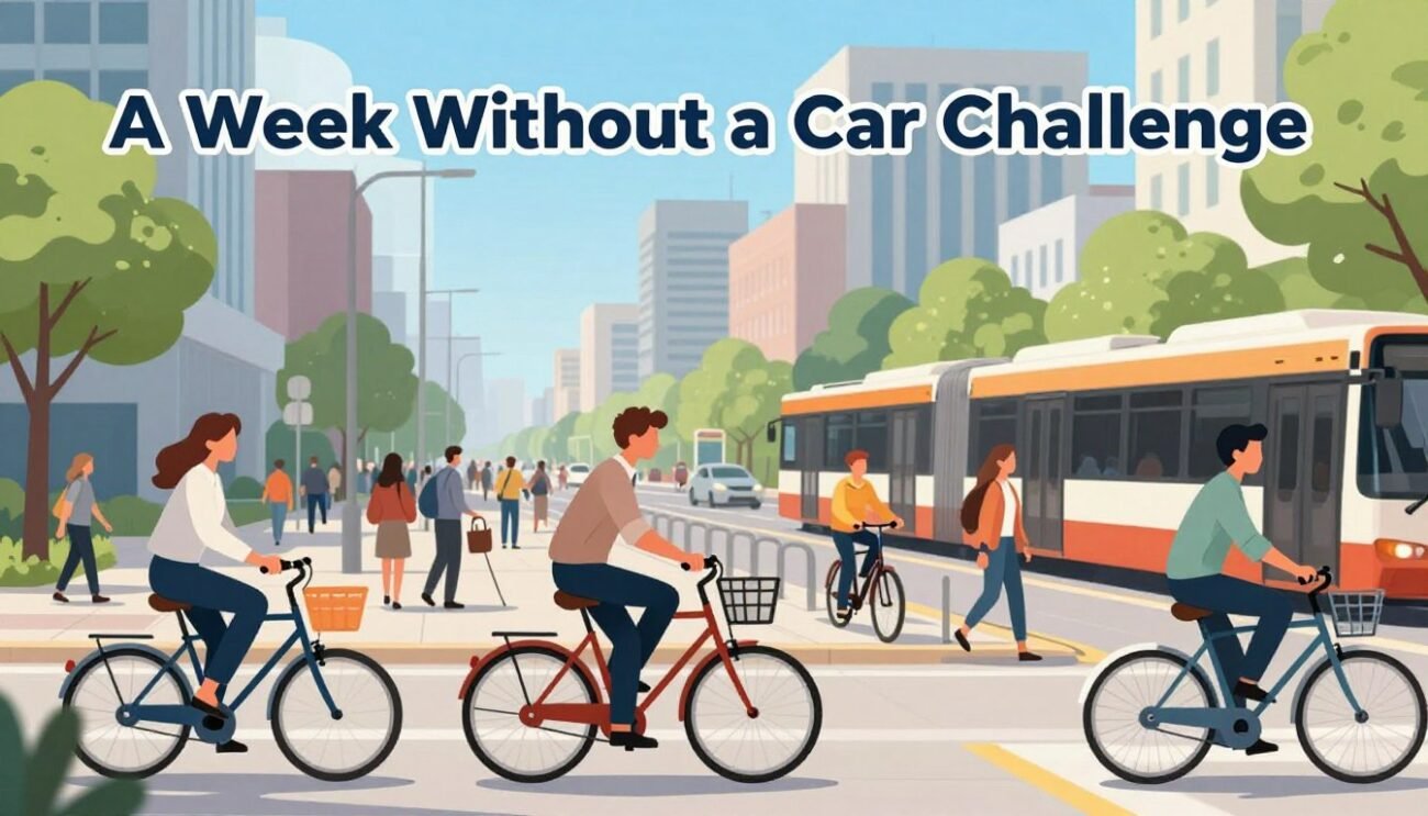 A vibrant illustration showcasing the theme of "A Week Without a Car Challenge". In the foreground, depict an urban scene with diverse people, including individuals in professional business attire and casual but modest clothing, engaging in alternative transportation methods like cycling, walking, and using public transit. In the middle ground, show a bustling city street lined with trees and bike racks, emphasizing eco-friendly transportation options. In the background, a clear blue sky illuminates modern buildings and green spaces, creating a positive atmosphere. The lighting should be bright and cheerful, capturing a sense of community and collaboration. The overall mood should be inspiring and motivating, highlighting the rules and goals of the challenge without any text or branding elements. A vibrant illustration showcasing the theme of "A Week Without a Car Challenge". In the foreground, depict an urban scene with diverse people, including individuals in professional business attire and casual but modest clothing, engaging in alternative transportation methods like cycling, walking, and using public transit. In the middle ground, show a bustling city street lined with trees and bike racks, emphasizing eco-friendly transportation options. In the background, a clear blue sky illuminates modern buildings and green spaces, creating a positive atmosphere. The lighting should be bright and cheerful, capturing a sense of community and collaboration. The overall mood should be inspiring and motivating, highlighting the rules and goals of the challenge without any text or branding elements.