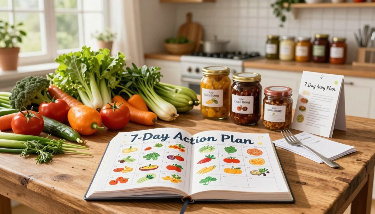A vibrant, illustrative "7-Day Action Plan" for local eating, featuring a well-organized layout of fresh, local produce like vegetables, fruits, and herbs displayed on a rustic wooden table. In the foreground, a planner or bullet journal opens to a colorful weekly calendar, each day highlighting different local foods. In the middle ground, a selection of jars filled with preserved local goods sits alongside utensils and recipe cards. The background showcases a sunlit kitchen with hanging greenery and neatly arranged shelves of local ingredients. Warm, natural lighting enhances the inviting atmosphere, creating a sense of community and responsibility in food choices. Capture the essence of a local and responsible eating challenge in a seamless, visually appealing composition. A vibrant, illustrative "7-Day Action Plan" for local eating, featuring a well-organized layout of fresh, local produce like vegetables, fruits, and herbs displayed on a rustic wooden table. In the foreground, a planner or bullet journal opens to a colorful weekly calendar, each day highlighting different local foods. In the middle ground, a selection of jars filled with preserved local goods sits alongside utensils and recipe cards. The background showcases a sunlit kitchen with hanging greenery and neatly arranged shelves of local ingredients. Warm, natural lighting enhances the inviting atmosphere, creating a sense of community and responsibility in food choices. Capture the essence of a local and responsible eating challenge in a seamless, visually appealing composition.