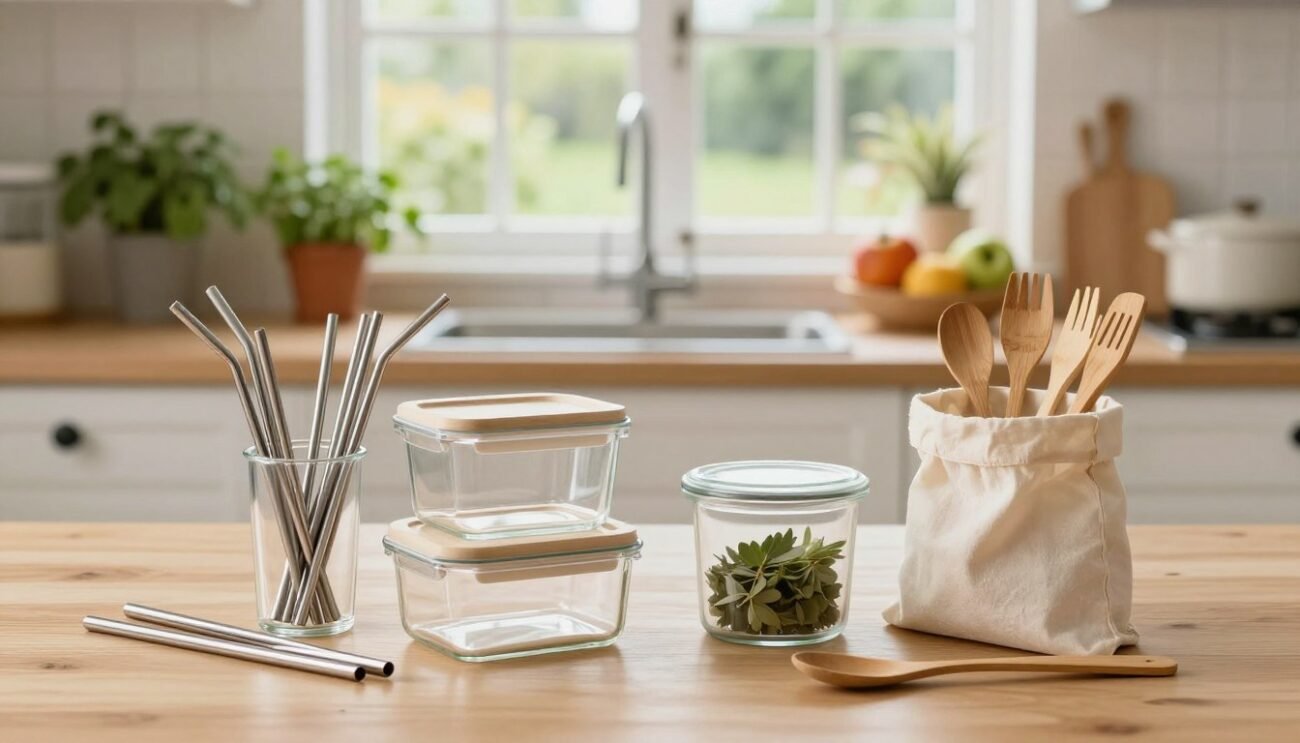 A vibrant kitchen table scene showcasing a variety of reusable plastic alternatives. In the foreground, an array of eco-friendly items like stainless steel straws, glass storage containers, cotton produce bags, and bamboo cutlery are artistically arranged. The middle ground features a contemporary kitchen with potted herbs and a fruit bowl, enhancing the idea of sustainable living. The background is softly blurred, displaying a sunlit window with a serene garden view, evoking a warm, inviting atmosphere. Use natural, soft lighting to highlight the textures of the materials, with a shallow depth of field to emphasize the foreground items. The overall mood is inspiring and uplifting, promoting the idea of reducing plastic waste in everyday life. A vibrant kitchen table scene showcasing a variety of reusable plastic alternatives. In the foreground, an array of eco-friendly items like stainless steel straws, glass storage containers, cotton produce bags, and bamboo cutlery are artistically arranged. The middle ground features a contemporary kitchen with potted herbs and a fruit bowl, enhancing the idea of sustainable living. The background is softly blurred, displaying a sunlit window with a serene garden view, evoking a warm, inviting atmosphere. Use natural, soft lighting to highlight the textures of the materials, with a shallow depth of field to emphasize the foreground items. The overall mood is inspiring and uplifting, promoting the idea of reducing plastic waste in everyday life.