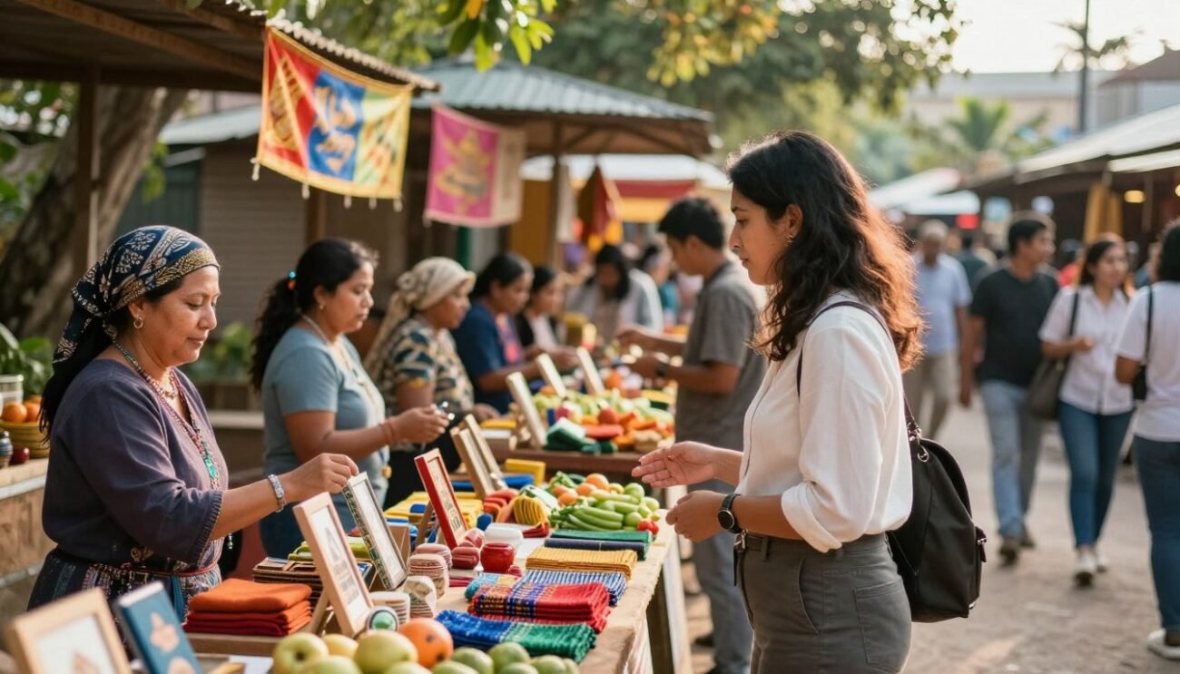 A vibrant local marketplace bustling with activity. In the foreground, a woman dressed in smart casual attire examines colorful, handcrafted products displayed on a wooden table, showcasing local crafts and organic produce. In the middle ground, vendors engage with customers, creating a lively exchange of ideas and products. The background features traditional market stalls adorned with colorful banners, surrounded by lush greenery illustrating a community spirit. The scene is bathed in warm, natural light, suggesting late afternoon, with a soft focus depth of field to emphasize the interaction between shoppers and vendors. The atmosphere is inviting and encouraging, reflecting a commitment to local purchasing and sustainability. A vibrant local marketplace bustling with activity. In the foreground, a woman dressed in smart casual attire examines colorful, handcrafted products displayed on a wooden table, showcasing local crafts and organic produce. In the middle ground, vendors engage with customers, creating a lively exchange of ideas and products. The background features traditional market stalls adorned with colorful banners, surrounded by lush greenery illustrating a community spirit. The scene is bathed in warm, natural light, suggesting late afternoon, with a soft focus depth of field to emphasize the interaction between shoppers and vendors. The atmosphere is inviting and encouraging, reflecting a commitment to local purchasing and sustainability.