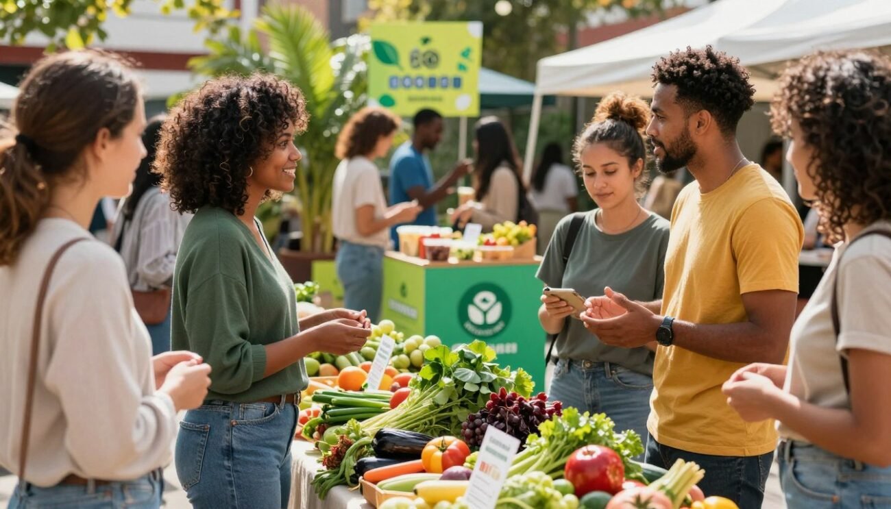 A vibrant marketplace scene showcasing successful food waste reduction initiatives. In the foreground, a diverse group of two professionals in smart casual clothing are engaging with both consumers and local farmers, surrounded by fresh produce beautifully arranged to highlight freshness and accessibility. In the middle, colorful stalls display repurposed food items, visually branded with eco-friendly designs promoting sustainability. The background reveals a sunny outdoor setting with green plants and trees, enhancing the overall atmosphere of positivity and community engagement. Natural lighting casts soft shadows, creating a warm and inviting mood. Capture the essence of success in food waste reduction with this lively, harmonious environment, focusing on connection and innovation. A vibrant marketplace scene showcasing successful food waste reduction initiatives. In the foreground, a diverse group of two professionals in smart casual clothing are engaging with both consumers and local farmers, surrounded by fresh produce beautifully arranged to highlight freshness and accessibility. In the middle, colorful stalls display repurposed food items, visually branded with eco-friendly designs promoting sustainability. The background reveals a sunny outdoor setting with green plants and trees, enhancing the overall atmosphere of positivity and community engagement. Natural lighting casts soft shadows, creating a warm and inviting mood. Capture the essence of success in food waste reduction with this lively, harmonious environment, focusing on connection and innovation.