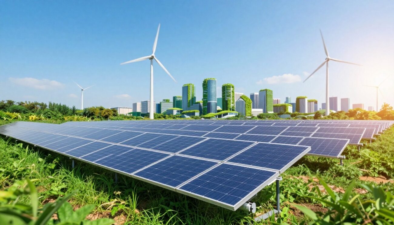 A vibrant scene illustrating clean energy strategies, featuring a solar farm in the foreground with sleek solar panels glistening under the sun, surrounded by lush greenery. In the middle ground, there are wind turbines, their blades rotating gently against a clear blue sky. The background showcases a futuristic city skyline with green rooftops and vertical gardens, symbolizing eco-friendly urban planning. Soft, natural lighting bathes the entire scene, creating an optimistic and serene atmosphere. Capture the angle from a slightly elevated perspective, giving a panoramic view of this harmonious balance between technology and nature. The mood conveys innovation and sustainability, highlighting a promising future in energy. A vibrant scene illustrating clean energy strategies, featuring a solar farm in the foreground with sleek solar panels glistening under the sun, surrounded by lush greenery. In the middle ground, there are wind turbines, their blades rotating gently against a clear blue sky. The background showcases a futuristic city skyline with green rooftops and vertical gardens, symbolizing eco-friendly urban planning. Soft, natural lighting bathes the entire scene, creating an optimistic and serene atmosphere. Capture the angle from a slightly elevated perspective, giving a panoramic view of this harmonious balance between technology and nature. The mood conveys innovation and sustainability, highlighting a promising future in energy.