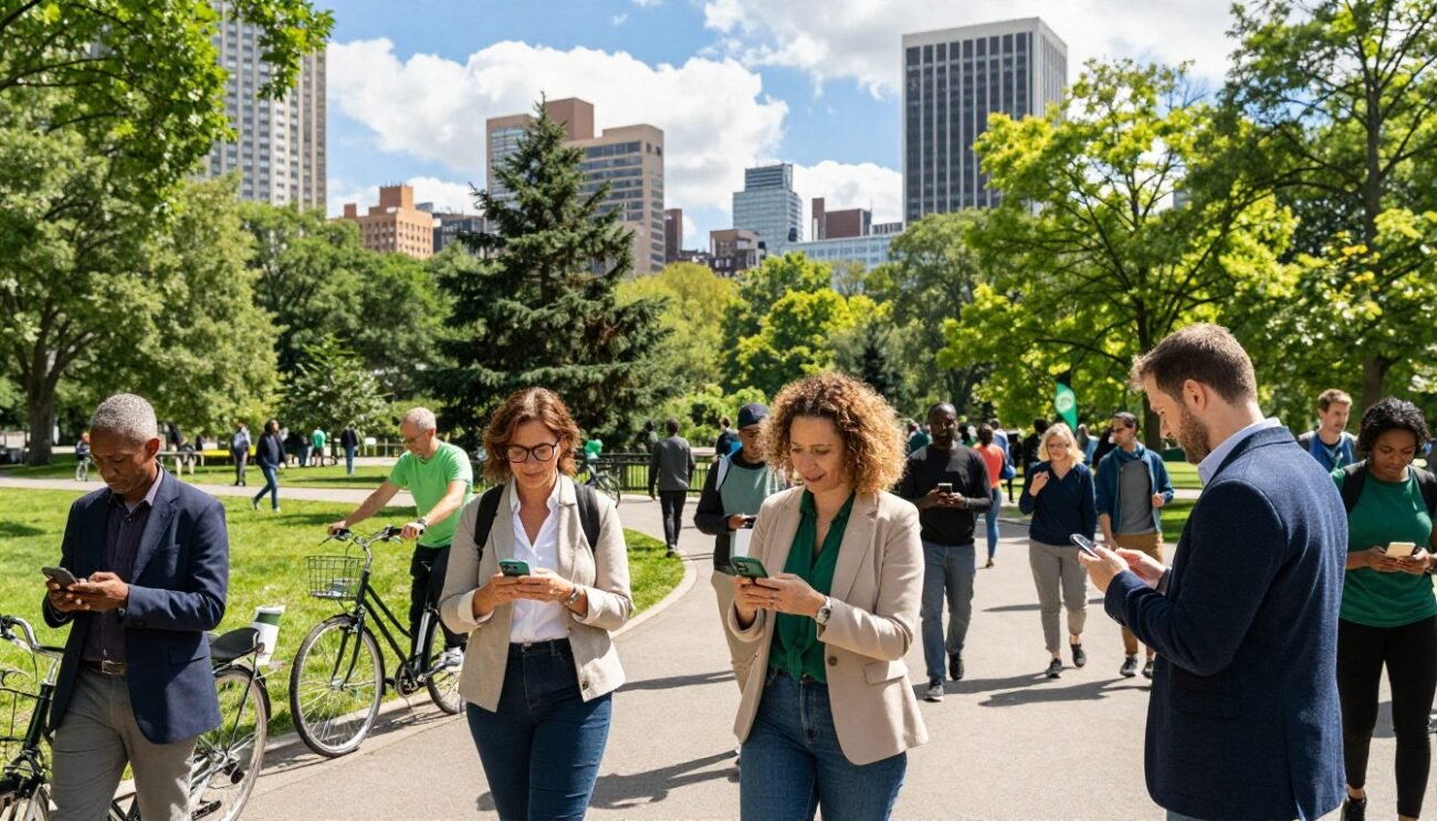A vibrant urban park scene showcasing participants of the "Green Commute Challenge." In the foreground, a diverse group of adults, dressed in smart casual or modest professional attire, enthusiastically engaging with each other, some holding smartphones as they track their eco-friendly commute options. In the middle ground, bicycles are leaned against trees, while a few participants can be seen walking or jogging along a scenic path. The background features city buildings surrounded by greenery, with a bright blue sky and fluffy white clouds overhead, emphasizing a sunny, energizing atmosphere. Natural light illuminates the scene, creating soft shadows and highlighting the joyous expressions on participants’ faces. The angle captures both the energy of the crowd and the beauty of the urban environment, evoking a sense of community and commitment to sustainability. A vibrant urban park scene showcasing participants of the "Green Commute Challenge." In the foreground, a diverse group of adults, dressed in smart casual or modest professional attire, enthusiastically engaging with each other, some holding smartphones as they track their eco-friendly commute options. In the middle ground, bicycles are leaned against trees, while a few participants can be seen walking or jogging along a scenic path. The background features city buildings surrounded by greenery, with a bright blue sky and fluffy white clouds overhead, emphasizing a sunny, energizing atmosphere. Natural light illuminates the scene, creating soft shadows and highlighting the joyous expressions on participants’ faces. The angle captures both the energy of the crowd and the beauty of the urban environment, evoking a sense of community and commitment to sustainability.