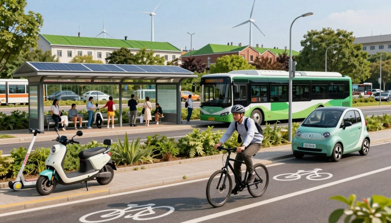 A vibrant urban scene depicting various eco-friendly transportation options in a bustling city. In the foreground, showcase a cyclist wearing a helmet and professional attire, riding on a dedicated bike lane. Nearby, an electric scooter and a compact electric car are parked, emphasizing convenience and sustainability. In the middle ground, include a public transit bus with solar panels, picking up passengers at a clean, modern bus stop surrounded by greenery. In the background, illustrate a skyline filled with green rooftops and wind turbines, under a clear blue sky illuminated by soft, natural sunlight. The atmosphere should evoke a sense of innovation and community, highlighting a harmonious blend of nature and modern urban life. Use a wide-angle lens for a dynamic perspective that emphasizes the vibrant and eco-conscious environment. A vibrant urban scene depicting various eco-friendly transportation options in a bustling city. In the foreground, showcase a cyclist wearing a helmet and professional attire, riding on a dedicated bike lane. Nearby, an electric scooter and a compact electric car are parked, emphasizing convenience and sustainability. In the middle ground, include a public transit bus with solar panels, picking up passengers at a clean, modern bus stop surrounded by greenery. In the background, illustrate a skyline filled with green rooftops and wind turbines, under a clear blue sky illuminated by soft, natural sunlight. The atmosphere should evoke a sense of innovation and community, highlighting a harmonious blend of nature and modern urban life. Use a wide-angle lens for a dynamic perspective that emphasizes the vibrant and eco-conscious environment.