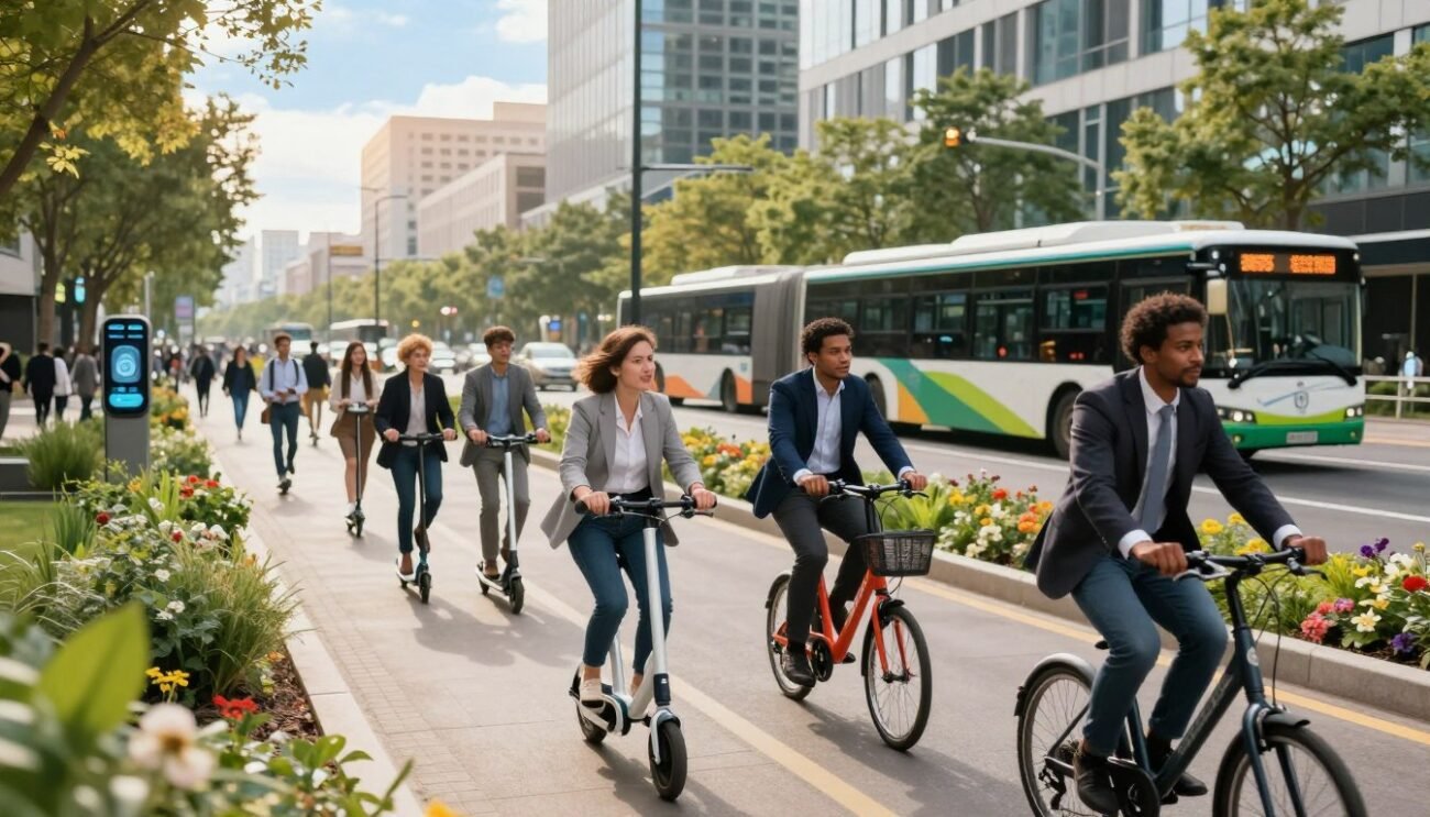 A vibrant urban scene showcasing the tangible benefits of a smart mobility challenge. In the foreground, a group of diverse individuals, dressed in professional business attire, engage in lively discussions while riding bicycles and scooters. In the middle ground, a pathway lined with greenery and flowers leads to a modern cityscape, with electric buses and pedestrians using smart technology to navigate. The background features a clear blue sky with soft sunlight filtering through, creating a warm and inviting atmosphere. The focus is on innovation, community, and sustainability, emphasizing a healthier and more connected lifestyle. The image should evoke a sense of positivity and progress in urban commuting, captured from a dynamic angle, perhaps slightly elevated to encompass the bustling activity below. A vibrant urban scene showcasing the tangible benefits of a smart mobility challenge. In the foreground, a group of diverse individuals, dressed in professional business attire, engage in lively discussions while riding bicycles and scooters. In the middle ground, a pathway lined with greenery and flowers leads to a modern cityscape, with electric buses and pedestrians using smart technology to navigate. The background features a clear blue sky with soft sunlight filtering through, creating a warm and inviting atmosphere. The focus is on innovation, community, and sustainability, emphasizing a healthier and more connected lifestyle. The image should evoke a sense of positivity and progress in urban commuting, captured from a dynamic angle, perhaps slightly elevated to encompass the bustling activity below.