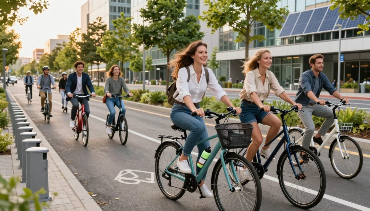 A vibrant urban scene showcasing the theme of active mobility solutions. In the foreground, a stylish bicycle adorned with eco-friendly accessories like a basket and sustainable water bottle. A diverse group of individuals, dressed in professional business attire and modest casual clothing, are seen happily riding their bikes and using scooters, promoting an active lifestyle. In the middle ground, a modern bike lane lined with green trees and plants enhances the feel of sustainability, alongside bike-sharing stations. The background features a cityscape with eco-friendly buildings and solar panels, bathed in warm, golden hour lighting that adds an inviting glow to the scene. The overall atmosphere is cheerful and dynamic, reflecting a progressive approach to transportation alternatives. A vibrant urban scene showcasing the theme of active mobility solutions. In the foreground, a stylish bicycle adorned with eco-friendly accessories like a basket and sustainable water bottle. A diverse group of individuals, dressed in professional business attire and modest casual clothing, are seen happily riding their bikes and using scooters, promoting an active lifestyle. In the middle ground, a modern bike lane lined with green trees and plants enhances the feel of sustainability, alongside bike-sharing stations. The background features a cityscape with eco-friendly buildings and solar panels, bathed in warm, golden hour lighting that adds an inviting glow to the scene. The overall atmosphere is cheerful and dynamic, reflecting a progressive approach to transportation alternatives.