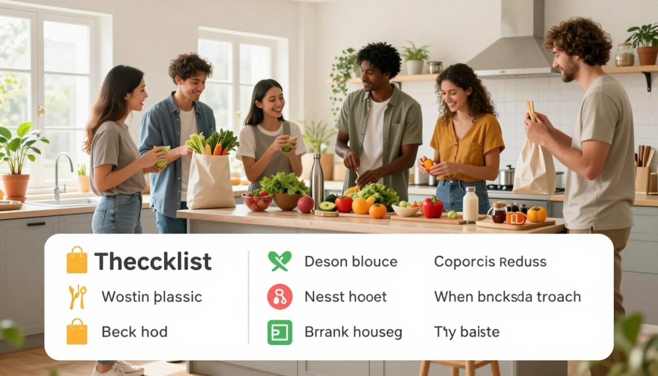 A visually engaging and informative illustration that embodies a plan to reduce daily plastic use. In the foreground, depict a detailed checklist with colorful icons representing various eco-friendly actions, such as reusable bags, stainless steel water bottles, and bamboo utensils. In the middle ground, show a bright kitchen setting where a diverse group of individuals in modest casual clothing enthusiastically engage in sustainable activities like grocery shopping with reusable bags and preparing meals with fresh produce. The background features sunlit windows brightening the space, with potted plants adding a touch of greenery. The overall atmosphere is optimistic and lively, conveying a sense of community and commitment to a sustainable lifestyle. The lighting is soft and inviting, suggesting a warm, encouraging environment for making positive changes. A visually engaging and informative illustration that embodies a plan to reduce daily plastic use. In the foreground, depict a detailed checklist with colorful icons representing various eco-friendly actions, such as reusable bags, stainless steel water bottles, and bamboo utensils. In the middle ground, show a bright kitchen setting where a diverse group of individuals in modest casual clothing enthusiastically engage in sustainable activities like grocery shopping with reusable bags and preparing meals with fresh produce. The background features sunlit windows brightening the space, with potted plants adding a touch of greenery. The overall atmosphere is optimistic and lively, conveying a sense of community and commitment to a sustainable lifestyle. The lighting is soft and inviting, suggesting a warm, encouraging environment for making positive changes.