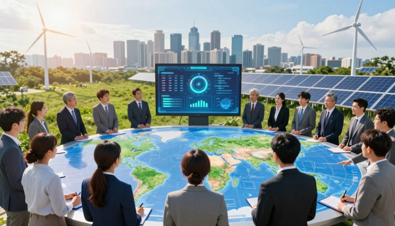 A visually striking scene representing the global energy challenge, featuring a diverse group of professionals in business attire gathered around a large interactive map showcasing renewable energy sources like wind, solar, and hydro power. The foreground displays engaged individuals pointing to innovative energy solutions. In the middle, a digital screen projects energy usage statistics and sustainability goals, emphasizing collaboration and awareness. The background shows a city skyline blended with green spaces, solar panels, and wind turbines under a bright, hopeful sky. The image is well-lit with natural sunlight, creating an optimistic and forward-thinking atmosphere. The viewing angle is slightly elevated, capturing both the group and the impactful visual elements, embodying unity in the pursuit of sustainable energy consumption. A visually striking scene representing the global energy challenge, featuring a diverse group of professionals in business attire gathered around a large interactive map showcasing renewable energy sources like wind, solar, and hydro power. The foreground displays engaged individuals pointing to innovative energy solutions. In the middle, a digital screen projects energy usage statistics and sustainability goals, emphasizing collaboration and awareness. The background shows a city skyline blended with green spaces, solar panels, and wind turbines under a bright, hopeful sky. The image is well-lit with natural sunlight, creating an optimistic and forward-thinking atmosphere. The viewing angle is slightly elevated, capturing both the group and the impactful visual elements, embodying unity in the pursuit of sustainable energy consumption.