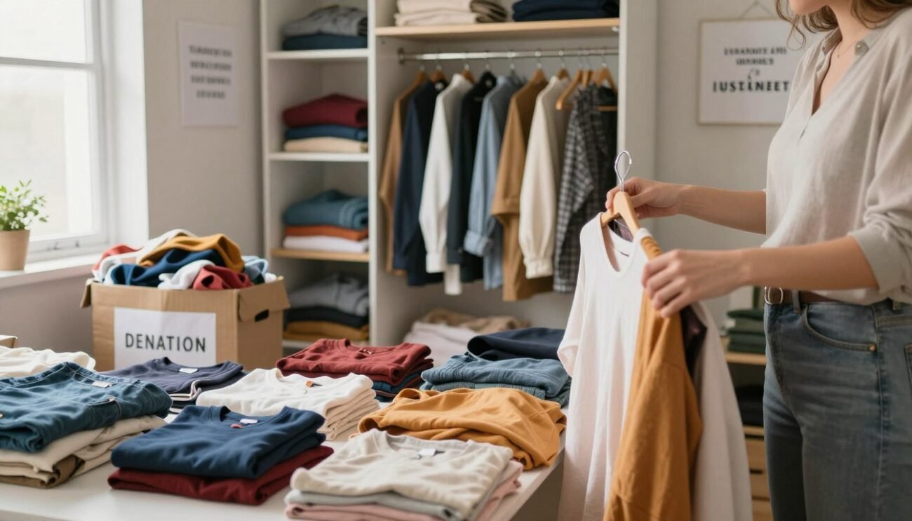 A well-lit room filled with neatly organized clothing items, illustrating a comprehensive decluttering and evaluation process. In the foreground, a person in casual, modest clothing is sorting through a variety of garments, inspecting them carefully. A large, open closet in the middle ground displays a mixture of neatly folded and hung clothes, some being discarded into a donation box beside them. Soft, natural lighting from a nearby window bathes the scene, creating a warm and inviting atmosphere. On the walls, there are inspiring quotes about sustainability and organization. The overall mood is focused and encouraging, reflecting a journey toward a sustainable wardrobe. A well-lit room filled with neatly organized clothing items, illustrating a comprehensive decluttering and evaluation process. In the foreground, a person in casual, modest clothing is sorting through a variety of garments, inspecting them carefully. A large, open closet in the middle ground displays a mixture of neatly folded and hung clothes, some being discarded into a donation box beside them. Soft, natural lighting from a nearby window bathes the scene, creating a warm and inviting atmosphere. On the walls, there are inspiring quotes about sustainability and organization. The overall mood is focused and encouraging, reflecting a journey toward a sustainable wardrobe.