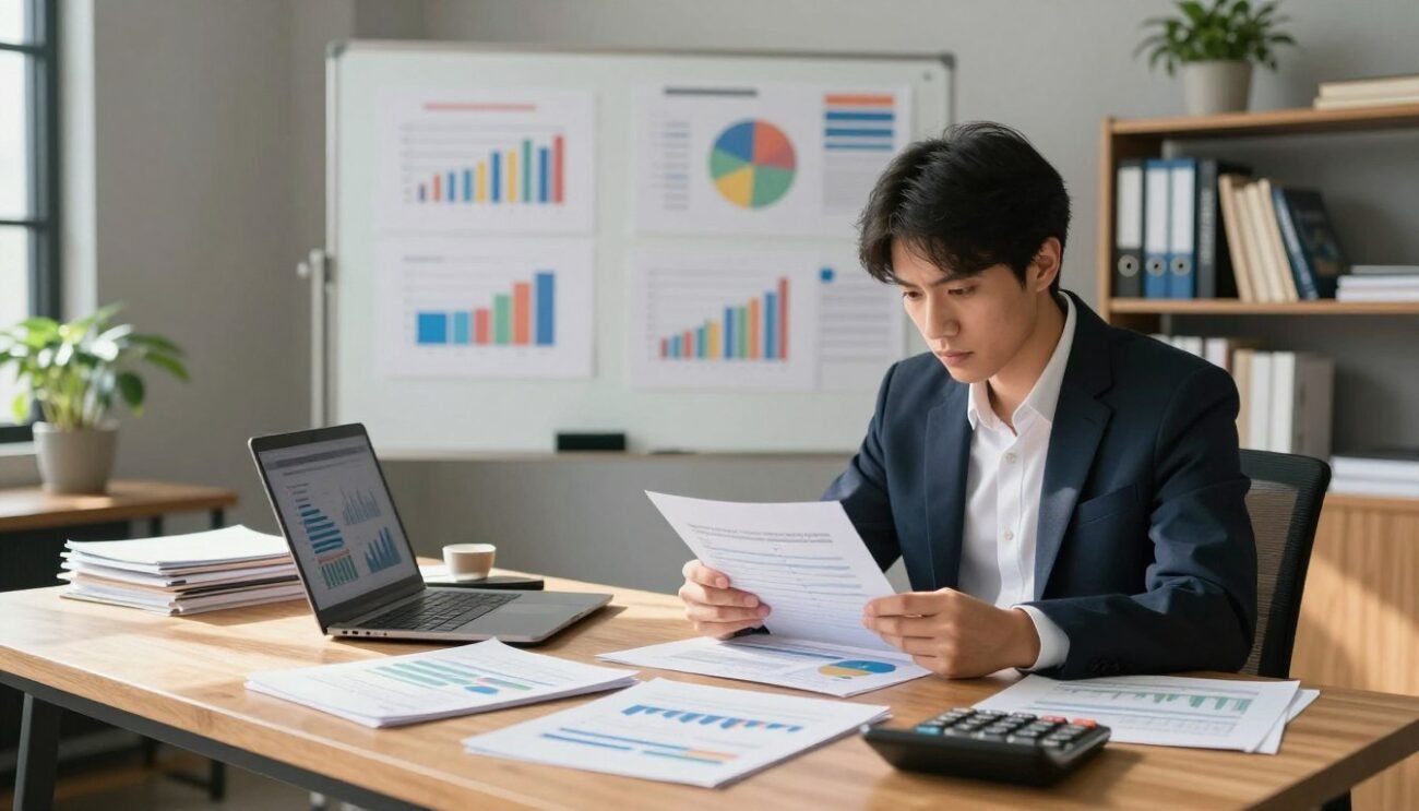 A well-organized office space focused on financial analysis, featuring a large wooden desk cluttered with documents, a laptop displaying graphs, and a calculator. In the foreground, a person in professional business attire is intently reviewing a budget report, their expression serious and focused. The middle ground includes a large whiteboard filled with colorful charts, highlighting spending weaknesses and financial strategies. In the background, a bookshelf lined with financial books and a potted plant adds warmth to the scene. Soft natural light streams in from a window, casting gentle shadows that create a thoughtful and inspiring atmosphere. The overall mood conveys a sense of determination and readiness for financial improvement. A well-organized office space focused on financial analysis, featuring a large wooden desk cluttered with documents, a laptop displaying graphs, and a calculator. In the foreground, a person in professional business attire is intently reviewing a budget report, their expression serious and focused. The middle ground includes a large whiteboard filled with colorful charts, highlighting spending weaknesses and financial strategies. In the background, a bookshelf lined with financial books and a potted plant adds warmth to the scene. Soft natural light streams in from a window, casting gentle shadows that create a thoughtful and inspiring atmosphere. The overall mood conveys a sense of determination and readiness for financial improvement.
