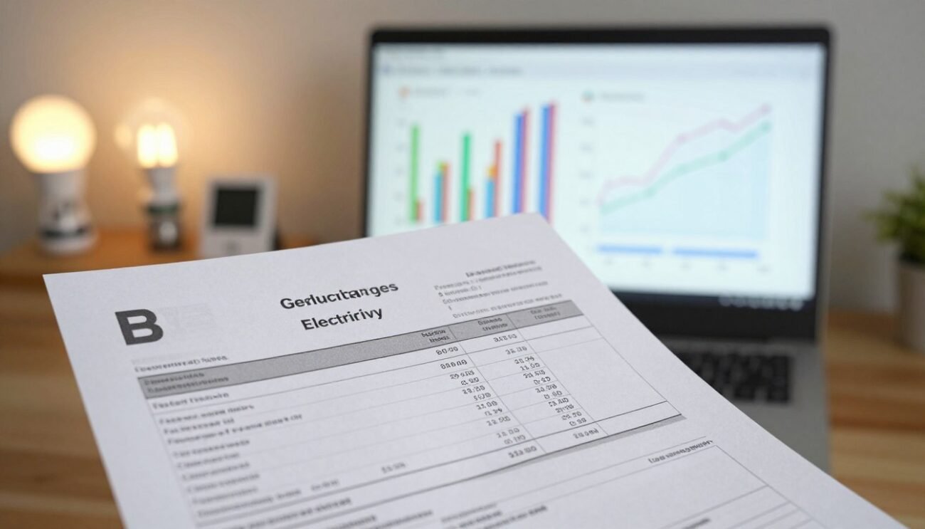 An analytical scene depicting a detailed electricity bill with graphs illustrating consumption patterns. In the foreground, include a close-up of the bill, showing clear sections for usage, costs, and a breakdown of various appliances. The middle ground should feature a computer screen displaying colorful bar charts and line graphs, representing monthly electricity consumption trends over time. In the background, a cozy home environment is shown, highlighting energy-efficient appliances like LED bulbs and smart devices. Soft, warm lighting fills the room, creating a sense of comfort and awareness. Capture the mood of thoughtful consideration, emphasizing the importance of understanding one's electricity usage. The angle should be slightly elevated, adding depth to the composition while maintaining focus on the electricity analysis. An analytical scene depicting a detailed electricity bill with graphs illustrating consumption patterns. In the foreground, include a close-up of the bill, showing clear sections for usage, costs, and a breakdown of various appliances. The middle ground should feature a computer screen displaying colorful bar charts and line graphs, representing monthly electricity consumption trends over time. In the background, a cozy home environment is shown, highlighting energy-efficient appliances like LED bulbs and smart devices. Soft, warm lighting fills the room, creating a sense of comfort and awareness. Capture the mood of thoughtful consideration, emphasizing the importance of understanding one's electricity usage. The angle should be slightly elevated, adding depth to the composition while maintaining focus on the electricity analysis.